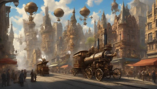 Imagine a bustling steampunk metropolis, where intricate clockwork towers dominate the skyline, their gears and cogs elegantly spinning in harmony. Below, cobblestone streets teem with Victorian-dressed citizens and steam-powered vehicles. Brass accents glimmer in the sunlight as airships drift above, casting shadows on the vibrant marketplaces. Exquisite details bring this world to life, showcasing the fusion of machinery and artistry in a rich, atmospheric setting.