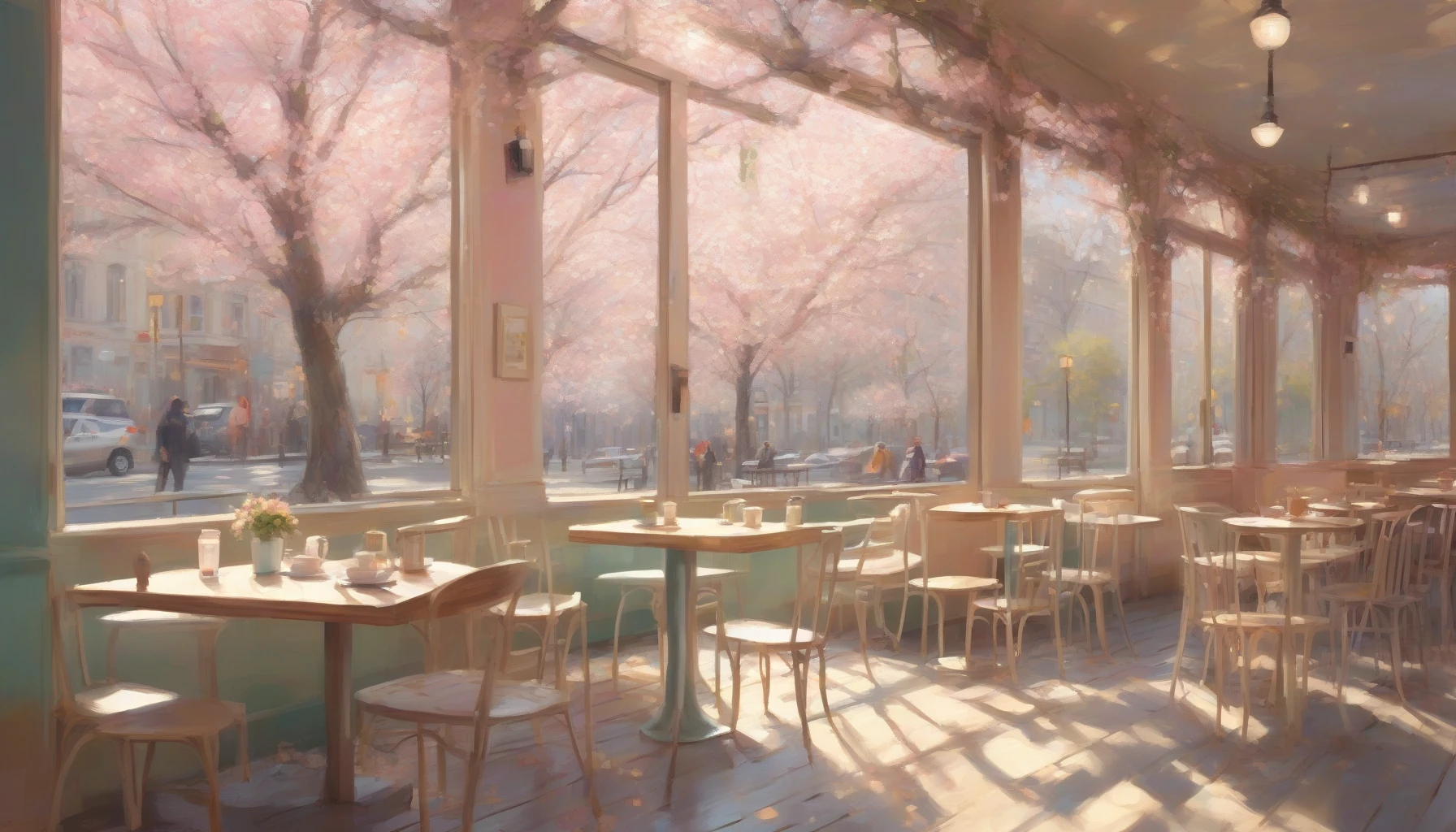 Envision a tranquil scene where whimsical pastel hues blend seamlessly in a cozy café setting. Sunlight filters through delicate curtains, casting gentle patterns on the wooden tables. A steaming cup of coffee rests beside a half-eaten croissant, while friends engage in laughter and conversation. Outside, cherry blossoms gently fall, enhancing the serene atmosphere, inviting viewers to bask in the warmth of everyday moments.