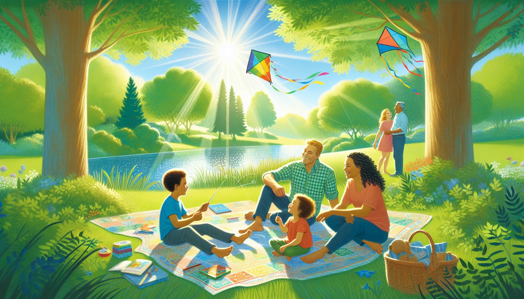 Capture a serene family scene set in a lush, sunlit park where laughter and love radiate. Parents and children are engaged in playful activities—flying kites, picnicking on a vibrant blanket, and sharing stories by a sparkling pond. The warm glow of the afternoon sun filters through the trees, highlighting their joy and connection. This image embodies the essence of togetherness and harmony within family life.