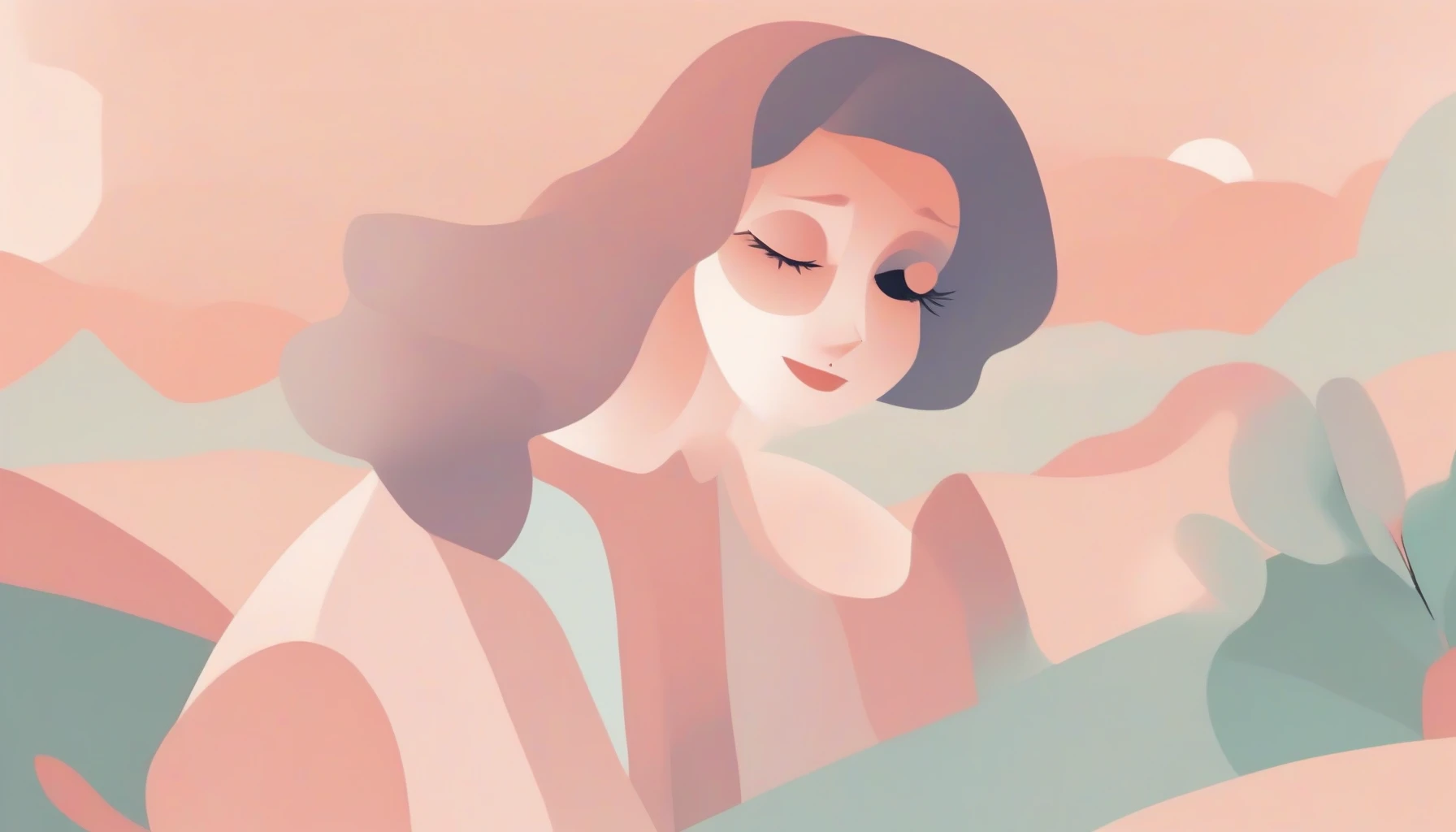 A serene composition featuring a character with oversized expressive eyes, set against a backdrop of tranquil pastel hues. The scene is brought to life through smooth, clean lines and vibrant flat colors, capturing the essence of simplicity in design. Soft, flowing hair and a gentle smile add warmth, while geometric shapes subtly frame the character, creating a harmonious balance of minimalism and charm.