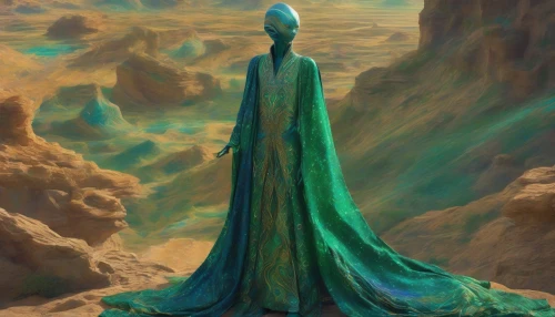 In a vibrant extraterrestrial landscape, an alien diplomat stands regally adorned in intricate, flowing robes that shimmer with hues of emerald and cobalt. The fabric, woven with patterns resembling the stars and galaxies, cascades elegantly to the ground. With elongated limbs and luminescent skin, the diplomat gestures gracefully, embodying wisdom and authority amid a backdrop of surreal, bioluminescent flora and otherworldly architecture.