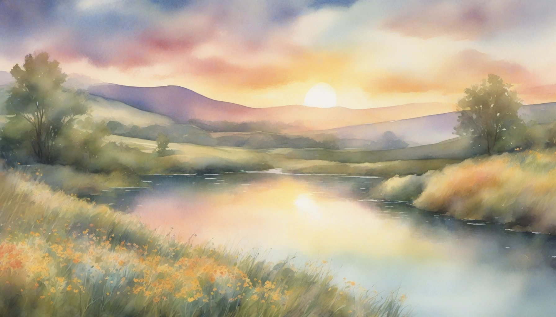 Create a captivating watercolor scene that transports viewers to a peaceful, ethereal landscape. Imagine rolling hills bathed in soft pastels, where a tranquil river winds through a field of wildflowers, glistening under a golden sunset. Fluffy clouds drift lazily across the sky, their reflections shimmering in the water below, inviting the observer to escape into this serene, dreamlike world.