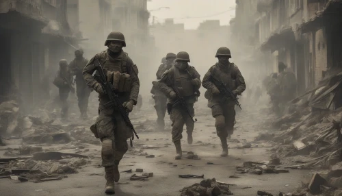 The image captures a tense moment as a squad of soldiers advances through a desolate, crumbling street. Debris litters the ground, remnants of buildings charred and broken stand like tombstones to a forgotten time. The soldiers, clad in tactical gear, move in formation, their expressions determined amidst the haze of smoke. Distant echoes of conflict resonate, creating an atmosphere thick with suspense and resilience.