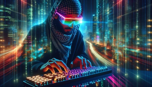 In a dimly lit urban landscape, a cyberpunk hacker sits at a sleek, glowing keyboard, the vibrant hues of their neon goggles illuminating their determined face. The atmosphere buzzes with digital energy as lines of code stream across the air. Around them, holographic interfaces flicker, reflecting the chaotic beauty of a futuristic city teeming with life, technology, and secrets waiting to be unraveled.