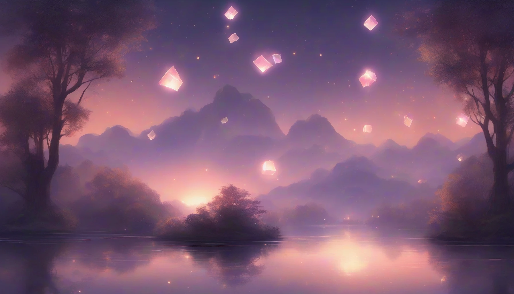 Imagine a serene twilight scene where ethereal cubes float gracefully in the air, each radiating a soft, ambient glow. Surrounding them, a tranquil landscape unfolds with whispering trees and a calm lake reflecting the gentle illumination. The air is infused with a soothing atmosphere, inviting viewers to lose themselves in this dreamlike setting, where light and space create a harmonious, otherworldly experience.