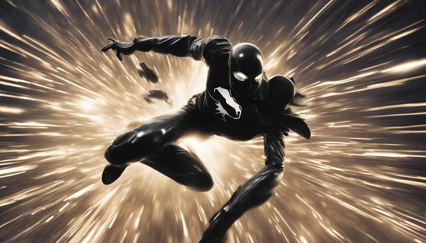 Imagine a scene where a hero, clad in a sleek black outfit, is caught in the intense moment of dodging a speeding bullet. The world around them blurs in a surreal slow-motion effect, capturing the tension and precision of each movement. Shimmering particles of light dance in the air, while the bullet stretches into a glimmering arc, emphasizing the danger and the grace of survival.