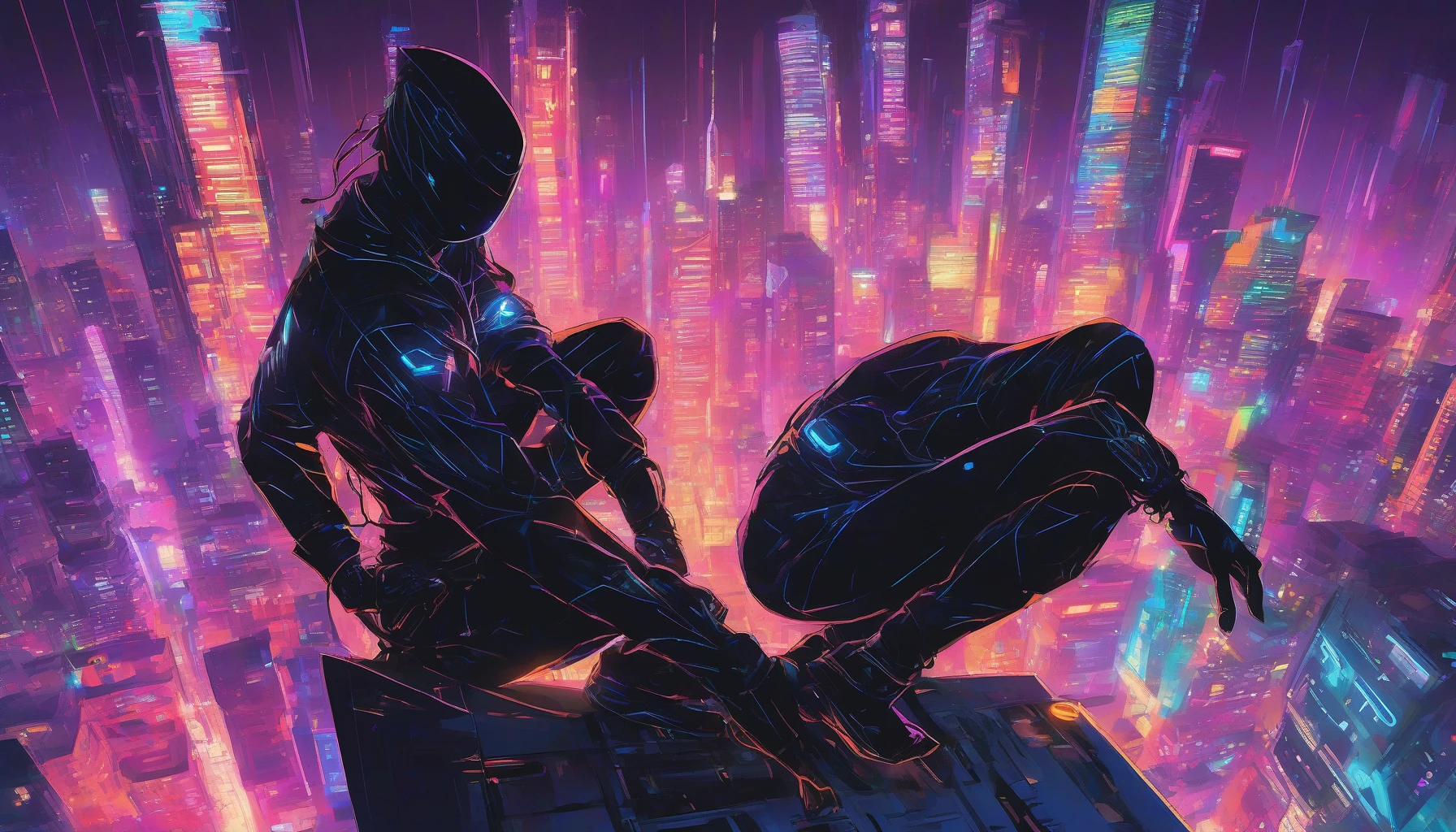 A sleek, futuristic ninja crouches atop a skyscraper, silhouetted against a neon cityscape. Their body is clad in a form-fitting suit adorned with glowing circuitry, pulsating with vibrant colors. In each hand, they wield shimmering blades, casting a radiant light that reflects off the glass towers below. The air crackles with energy as the ninja prepares to leap into action, embodying an electrifying blend of stealth and technology.