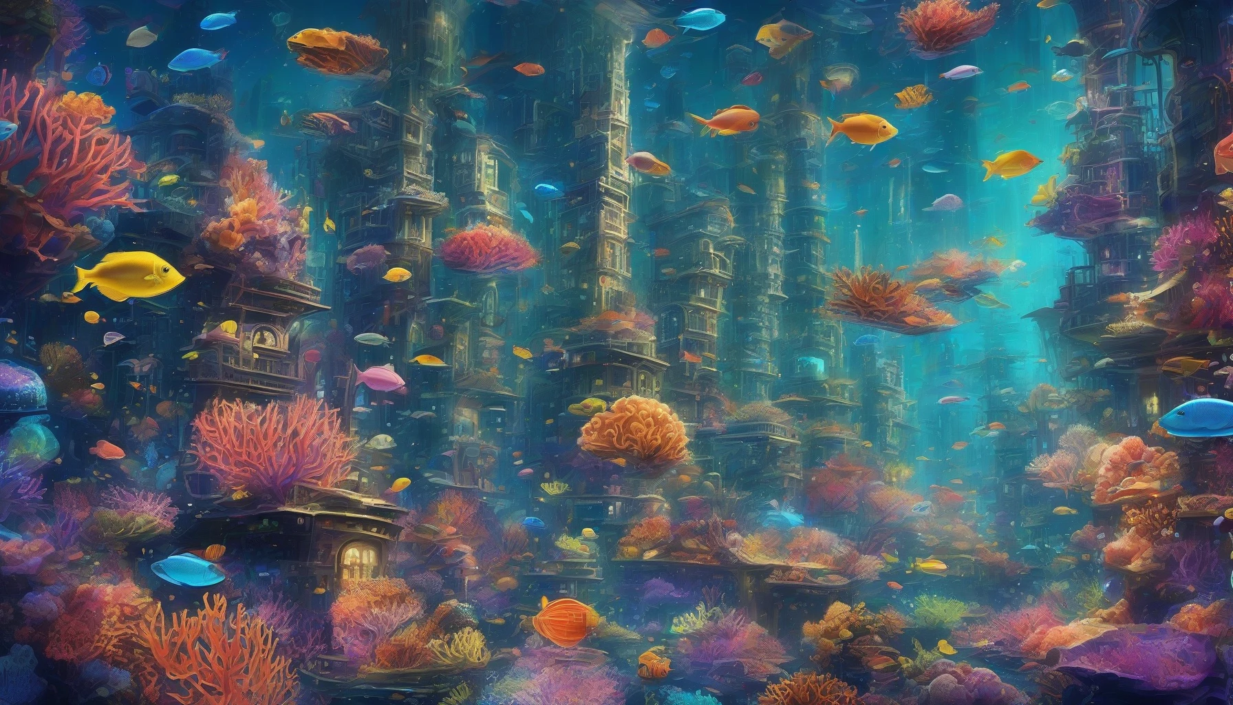 Imagine a sprawling underwater city, where sleek, futuristic buildings rise from the ocean floor, bathed in the soft glow of bioluminescent lights. Colorful corals and luminescent sea creatures weave through the architecture, casting a mesmerizing kaleidoscope of colors against the glass-like structures. Schools of fish dart between the vibrant features, creating a lively atmosphere, while shimmering bubbles rise to the surface, adding to the enchanting, dreamlike quality of this aquatic realm.