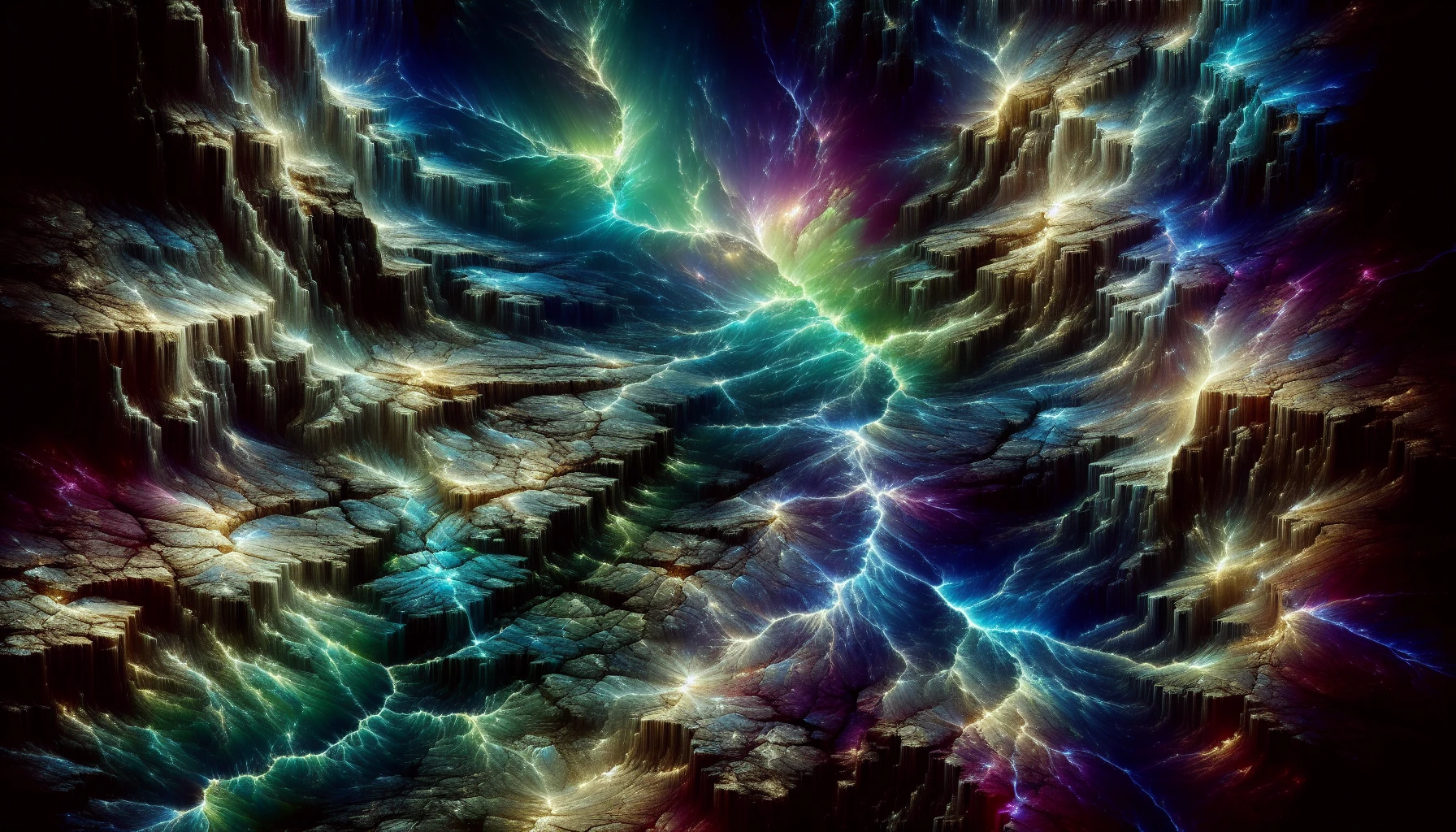 Imagine a rugged landscape where the ground is cracked and worn, each fissure revealing an ethereal glow that pulses with vibrant colors. Shades of blue, green, and purple intertwine beneath the surface, illuminating the dark crevices. The atmosphere is charged with a mystical energy, casting luminous reflections on nearby rocks and creating an otherworldly scene that beckons exploration and awe.