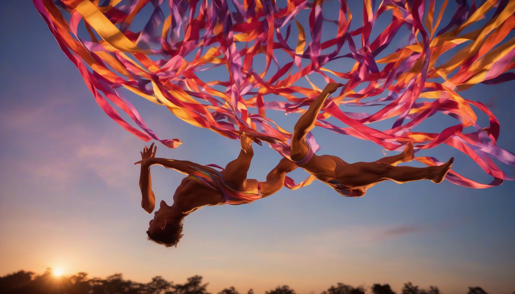 Capture a dynamic moment of a skilled acrobat executing a breathtaking flip mid-air, their body twisting gracefully against a vibrant sunset backdrop. The scene is filled with energy, showcasing the tension of muscles and the elegance of movement. Colorful ribbons flutter around them, enhancing the sense of motion, while an onlooking crowd gasps in awe, their faces illuminated by the warm glow of sunset.