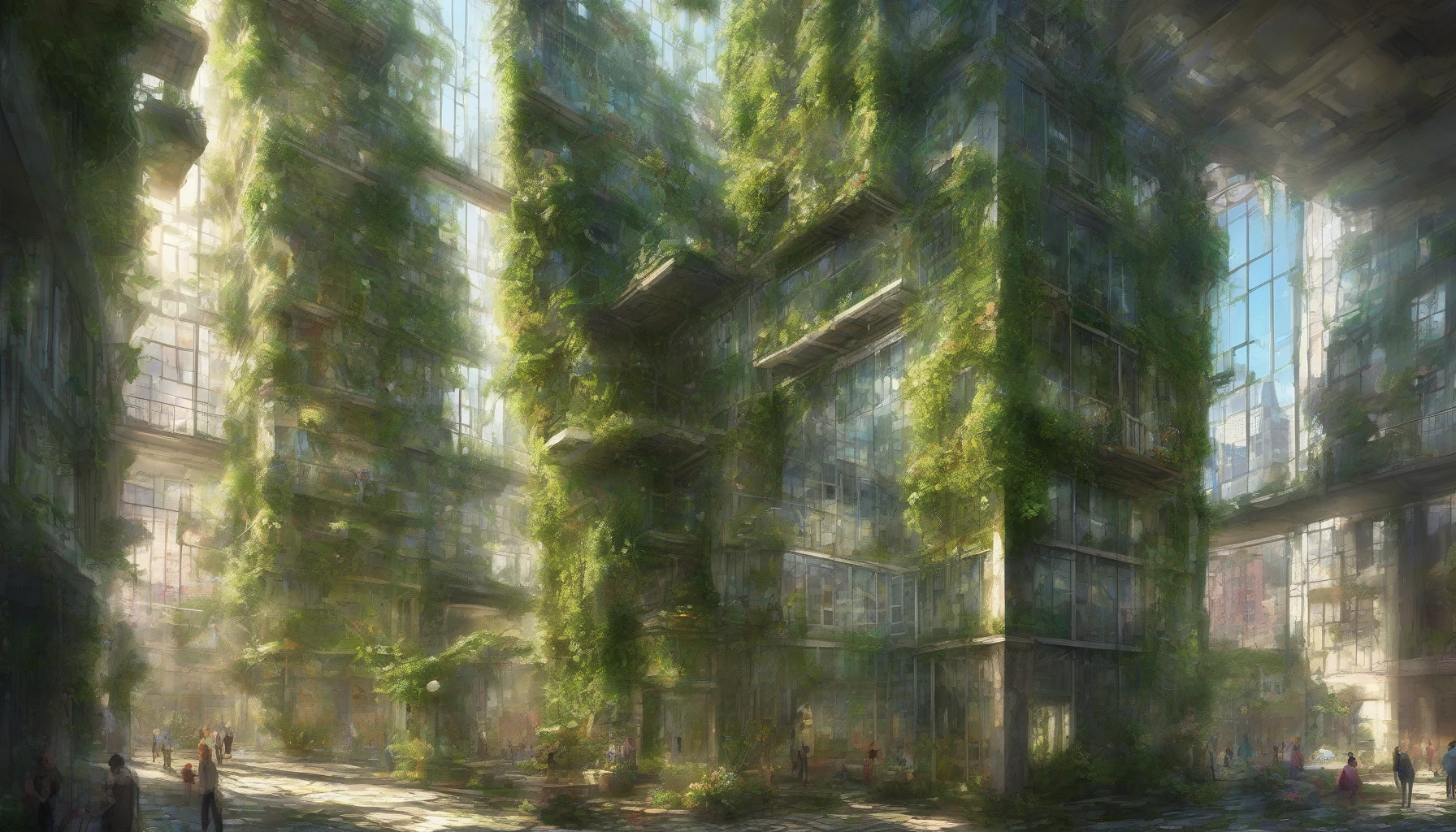 Envision a once-magnificent skyscraper, now a derelict relic of a bustling city, engulfed in lush green vines and vibrant foliage. Sunlight filters through the cracks of shattered glass, casting intricate shadows on the ground below. The air is thick with the scent of damp earth and blooming flowers, as wildlife reclaims the space, creating a breathtaking contrast against the rusting steel and crumbling concrete.