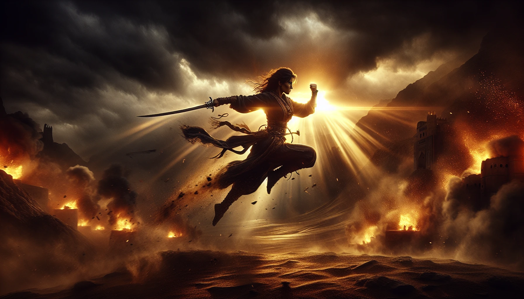 Capture a breathtaking scene of a powerful warrior mid-leap, sword drawn, with an intense expression on their face. The setting is a dimly lit battlefield, where shafts of golden light pierce through dark clouds, illuminating the warrior's figure and creating striking shadows. Dust and debris swirl around them, enhancing the sense of motion, while the fiery glow of distant flames adds to the drama and intensity of the moment.