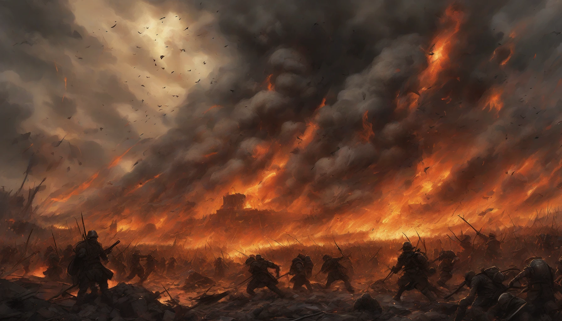 A massive explosion erupts, illuminating a chaotic battlefield under a stormy sky. Flames and smoke rise like ferocious beasts, casting flickering shadows across weary soldiers. The ground trembles as debris rains down, each shard a reminder of the fierce struggle. Amidst the chaos, silhouettes of warriors in battle gear clash, their determined faces reflecting the fiery glow, embodying the raw intensity of survival amidst destruction.