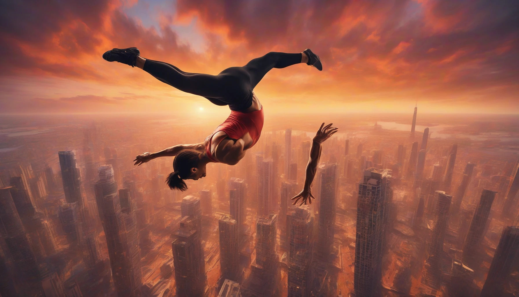 Capture an exhilarating scene of a skilled acrobat mid-flip, soaring through the air with grace and precision. The backdrop features a vibrant cityscape, with a sunset casting warm hues across the sky. The acrobat's form is dynamic and athletic, showcasing every muscle in action, while a crowd below watches in awe. Gentle wisps of clouds swirl around, enhancing the thrilling atmosphere of this breathtaking moment.