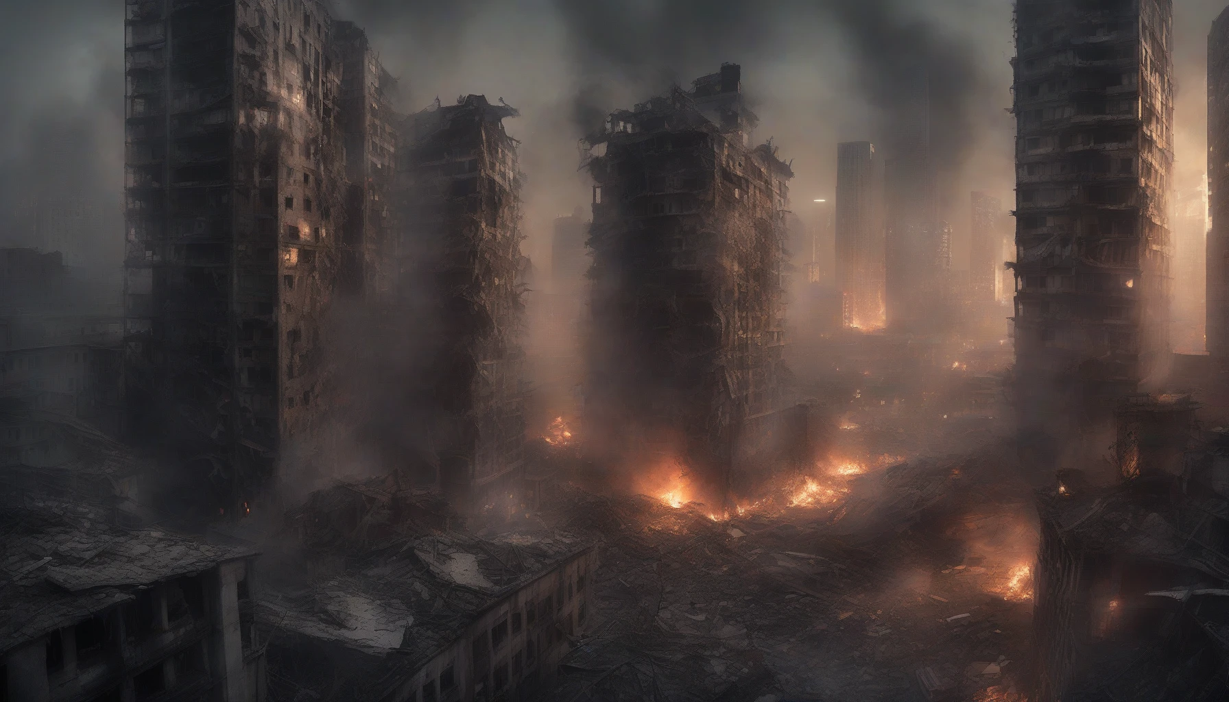 In a haunting urban landscape, a colossal skyscraper lies in ruins, its steel frame twisted and exposed. Smoke billows around the shattered concrete, illuminated by the eerie glow of fires smoldering in the wreckage. Echoes of chaos linger as debris scatters the streets below, while ghostly shadows of former life haunt the neighborhood. The once-thriving metropolis has transformed into a somber testament to resilience amid devastation.