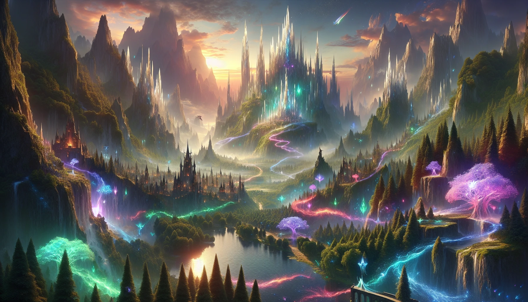 Imagine a breathtaking fantasy landscape where towering crystalline mountains meet lush, mystical forests. Wisps of vibrant colored mist weave between ancient trees while ethereal creatures flutter about, illuminating the scene with their bioluminescent glow. A majestic castle, adorned with shimmering spires, overlooks a sparkling lake that reflects the colors of a sunset sky. This enchanted realm invites you to step into a world where magic and wonder reign supreme.