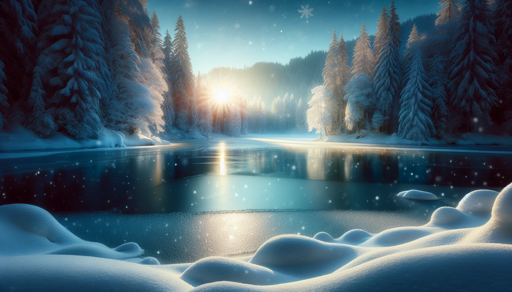 A breathtaking frozen lake glistens under the soft glow of the winter sun, surrounded by towering snow-laden trees. The serene landscape captures the peaceful essence of winter, with delicate snowflakes gently falling from the branches. In the foreground, the ice reflects the shimmering light, creating a mesmerizing effect. A sense of tranquility envelops the scene, inviting one to lose themselves in the beauty of nature’s winter wonderland.