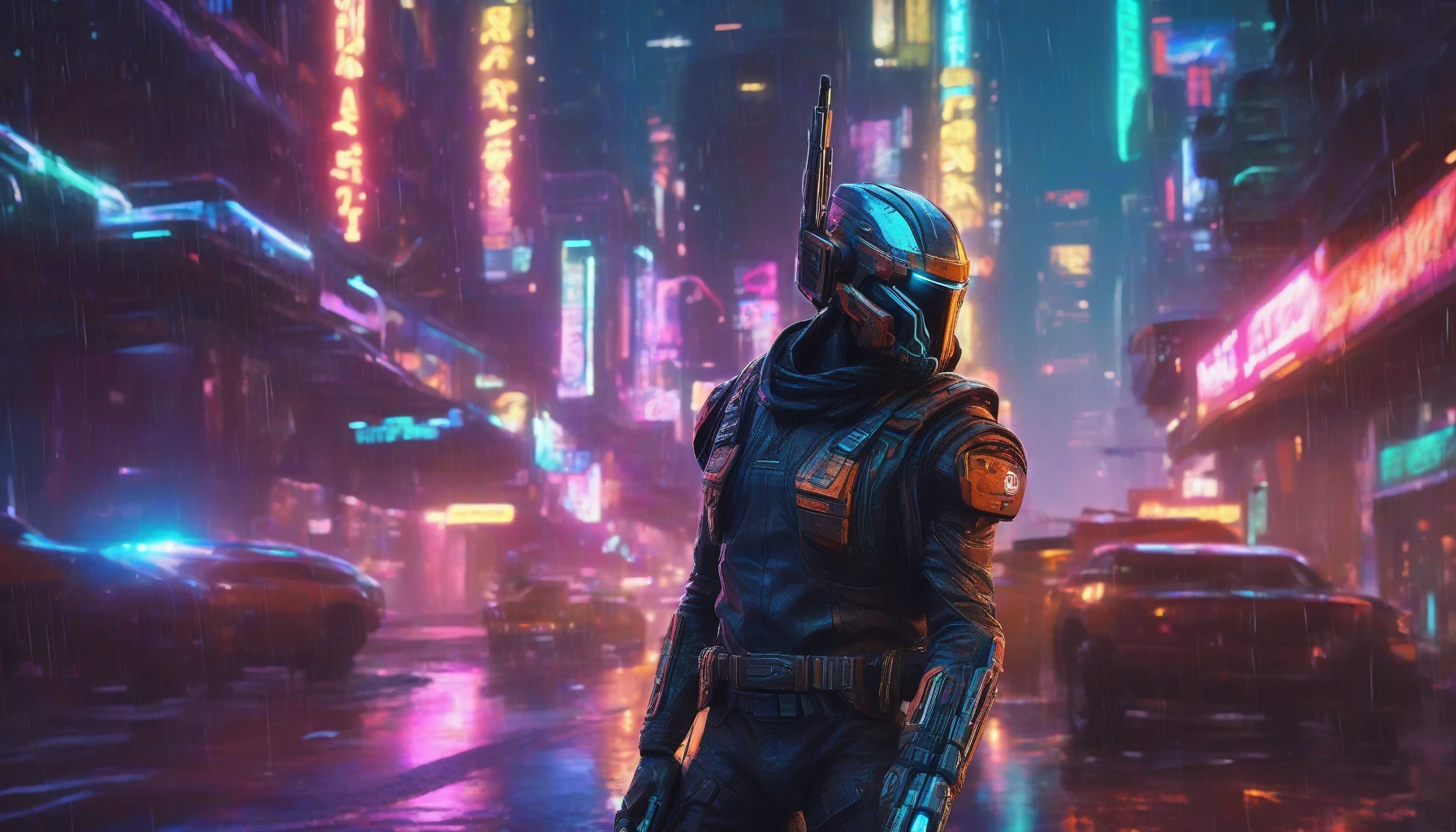 In a neon-lit cityscape, a fierce bounty hunter stands poised with a sleek plasma rifle, its energy core pulsating with an otherworldly glow. Clad in high-tech armor adorned with digital interfaces, the hunter exudes confidence against a backdrop of towering holograms and rain-soaked streets. Shadows dance as distant explosions illuminate the night, setting the stage for a high-stakes chase through an urban jungle of danger and intrigue.