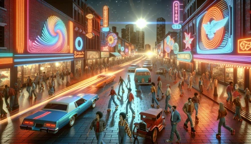 Imagine a lively street scene that merges retro aesthetics with modern urban life. Picture colorful 80s neon signs illuminating a bustling city square filled with vintage cars, roller skaters, and people dressed in classic denim jackets and high-waisted pants. The sky transitions from dusk to night, casting a warm glow over the scene. Music notes float through the air, invoking nostalgia and a vibrant sense of community.