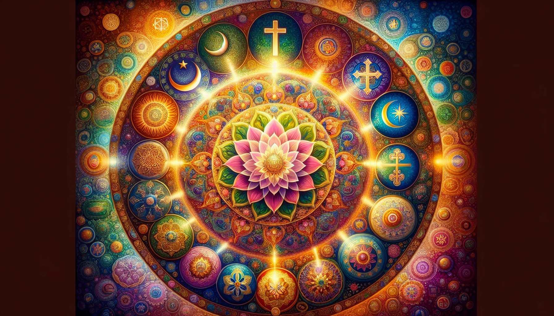 Imagine a stunning scene where the essence of various religious symbols intertwines gracefully in a vibrant tapestry. A glowing mandala radiates from the center, surrounded by intricate depictions of a lotus, a cross, and a crescent moon, all enveloped in an ethereal light. Rich colors blend harmoniously, drawing the eye to the divine connections among different faiths, creating a serene atmosphere that inspires peace and unity.