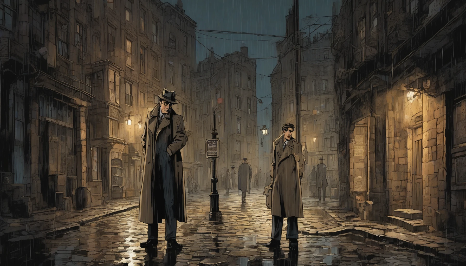 In a dimly lit alley, a seasoned detective clad in a classic trench coat stands poised, magnifying glass in hand, peering intently at a scattered collection of clues. The atmosphere is thick with intrigue; shadows dance around him as flickering streetlights cast a warm glow on the cobblestone path. Rain softly drizzles, glistening against the detective's determined gaze, hinting at secrets waiting to be uncovered.