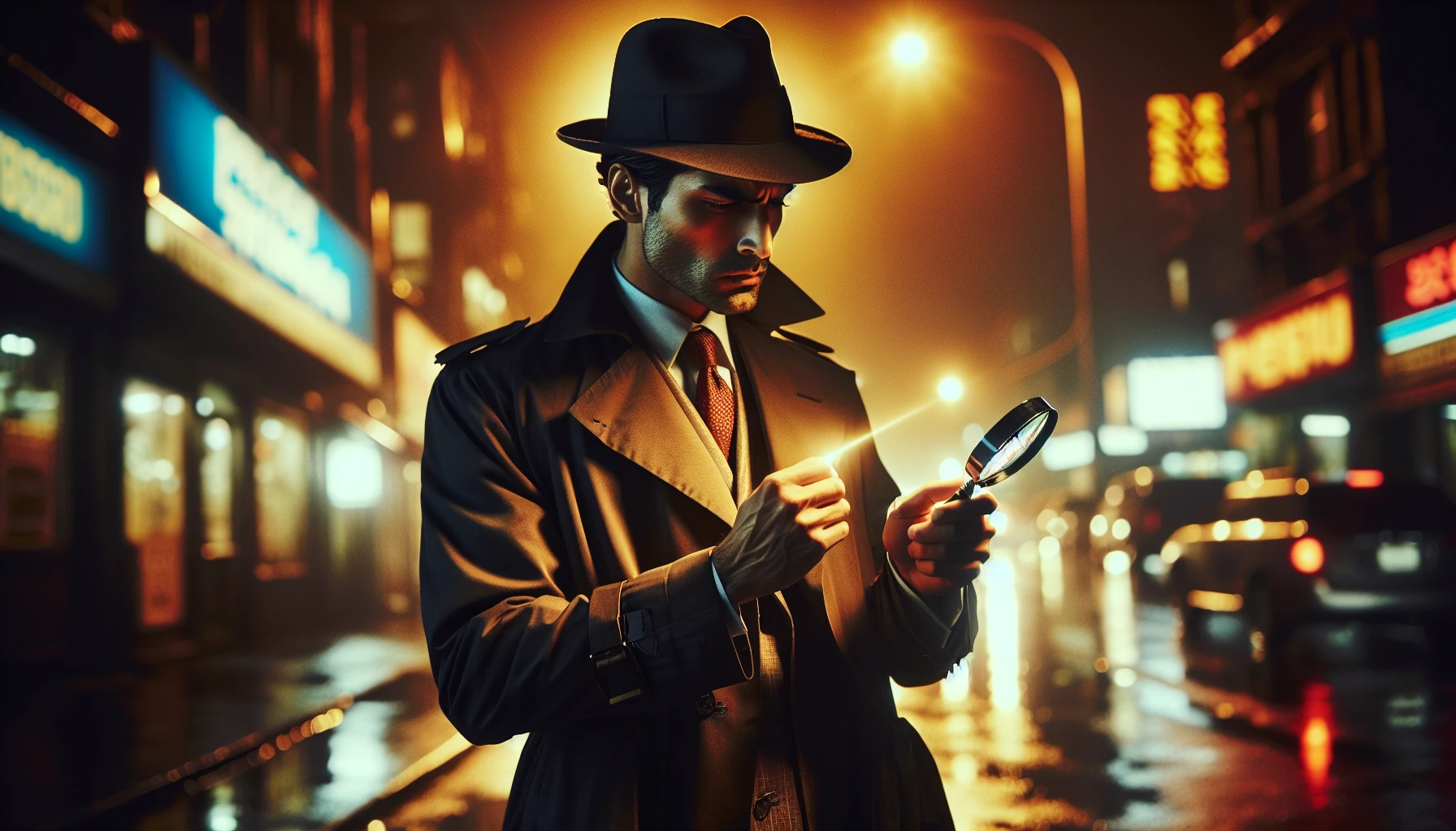 A classic detective stands under a dim streetlamp, donning a sleek trench coat and a fedora that casts a shadow over his determined eyes. He crouches, magnifying glass in hand, examining a cryptic clue illuminated by the golden glow. The rain patters softly around him, reflecting neon signs of a bustling city at night, creating an atmosphere thick with intrigue and anticipation. The air is heavy with secrets waiting to be uncovered.