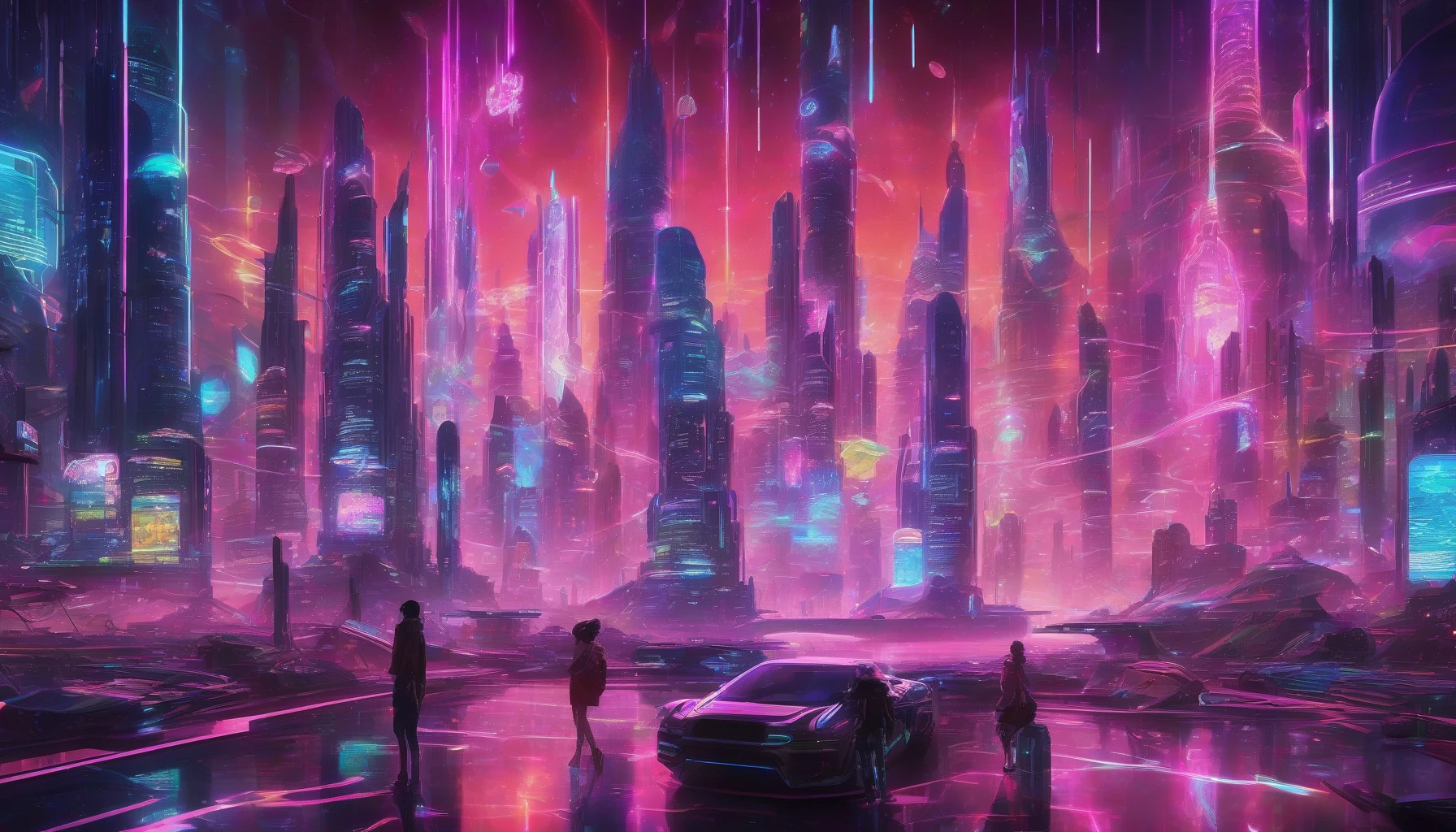 Create a mesmerizing scene that merges the vibrant aesthetics of sci-fi anime with stunning holographic effects. Picture a futuristic cityscape, illuminated by neon lights, where characters with dynamic poses interact with floating holograms of technology and alien landscapes. The atmosphere is electric, filled with shimmering visuals and a sense of adventure, inviting viewers to immerse themselves in a world where reality and virtual elements beautifully collide.