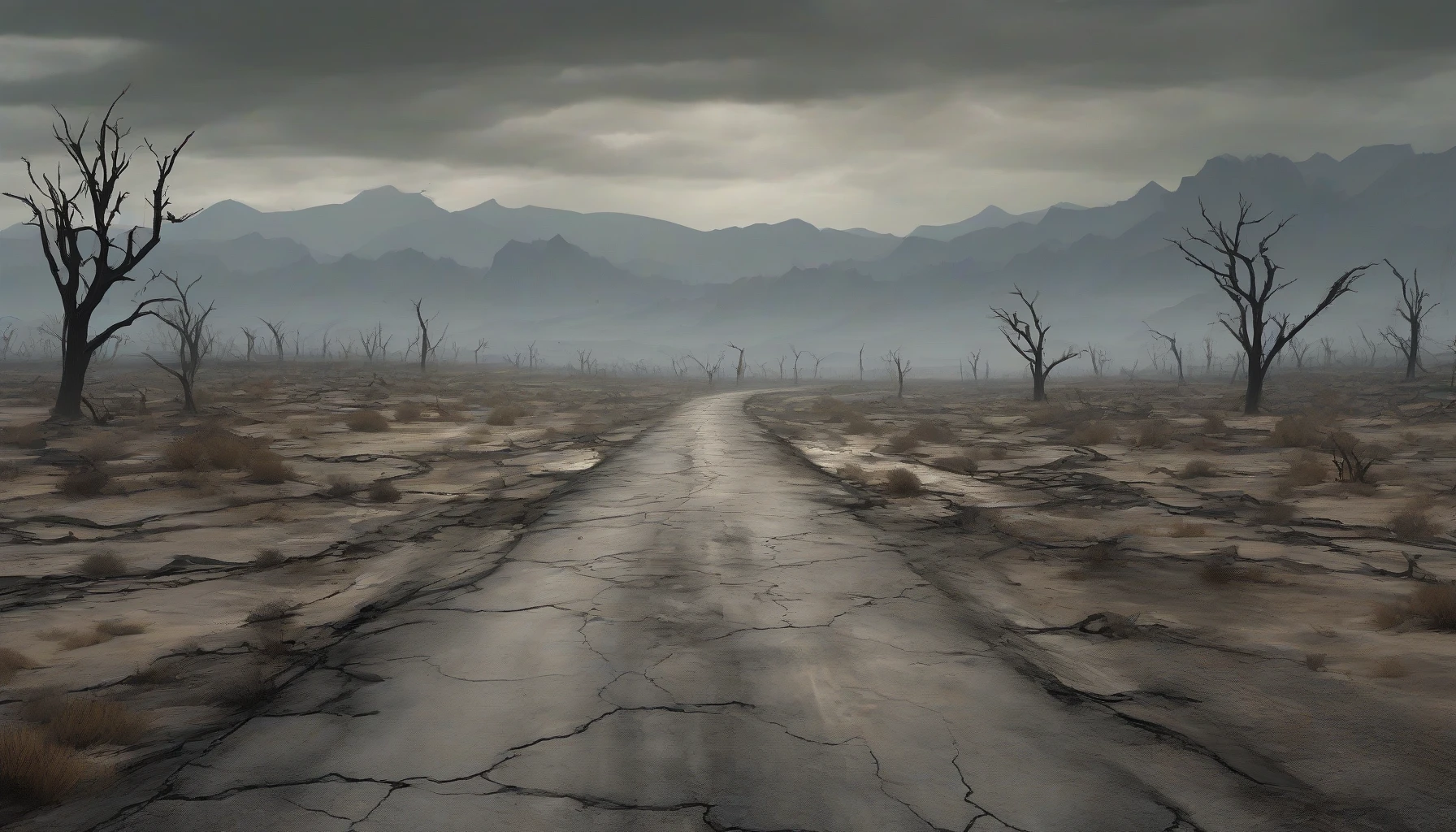 Picture a vast, desolate wasteland under a brooding, overcast sky. Cracked asphalt stretches endlessly, with the remnants of broken highways zigzagging through parched earth, dotted with rusting vehicles and skeletal trees. The landscape is eerily silent, interrupted only by the faint rustle of wind. In the distance, jagged mountains loom, shrouded in mist, hinting at forgotten stories of a world long lost.