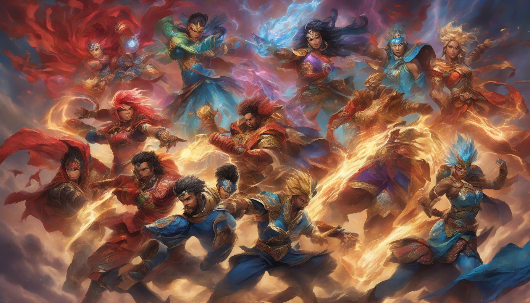 A diverse team of heroes stands resolutely in a dramatic battle pose, showcasing their unique powers and personalities. Clad in vibrant, intricately designed costumes, each hero exhibits confidence and determination. The backdrop features a swirling storm of energy, accentuating their readiness for the impending clash. Striking lighting illuminates their faces, capturing a moment of unwavering camaraderie and fierce spirit, poised for victory against looming shadows.