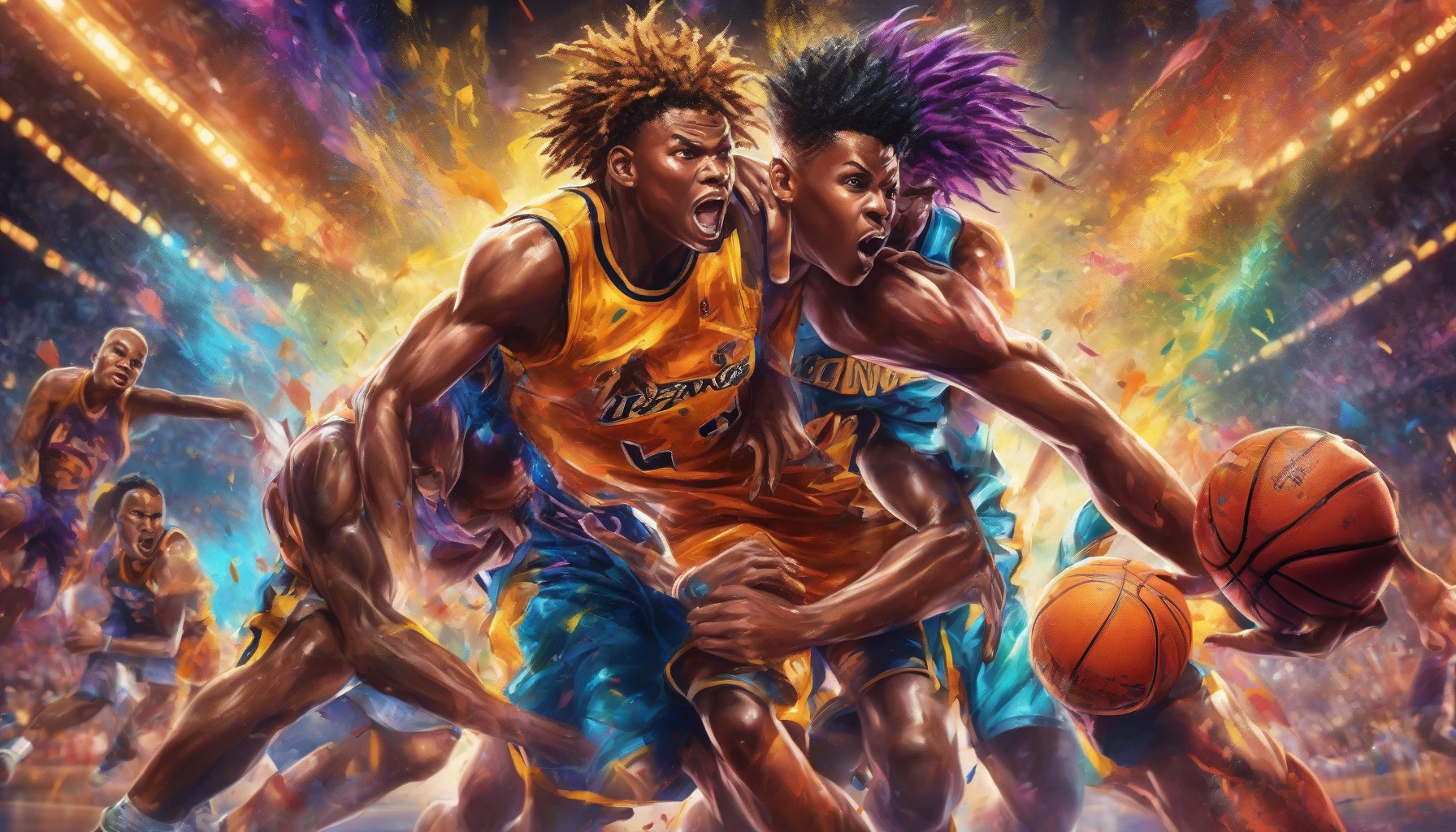 An electrifying sports arena filled with vibrant colors and dynamic motion captures two fierce rivals locked in an intense basketball match. The characters, each showcasing unique hairstyles and jerseys, exhibit determination and passion as they dribble, leap, and slam dunk. The backdrop features roaring fans and dramatic lighting, highlighting their rivalry's intensity, while sweat and determination glisten on their faces, embodying the spirit of competition.