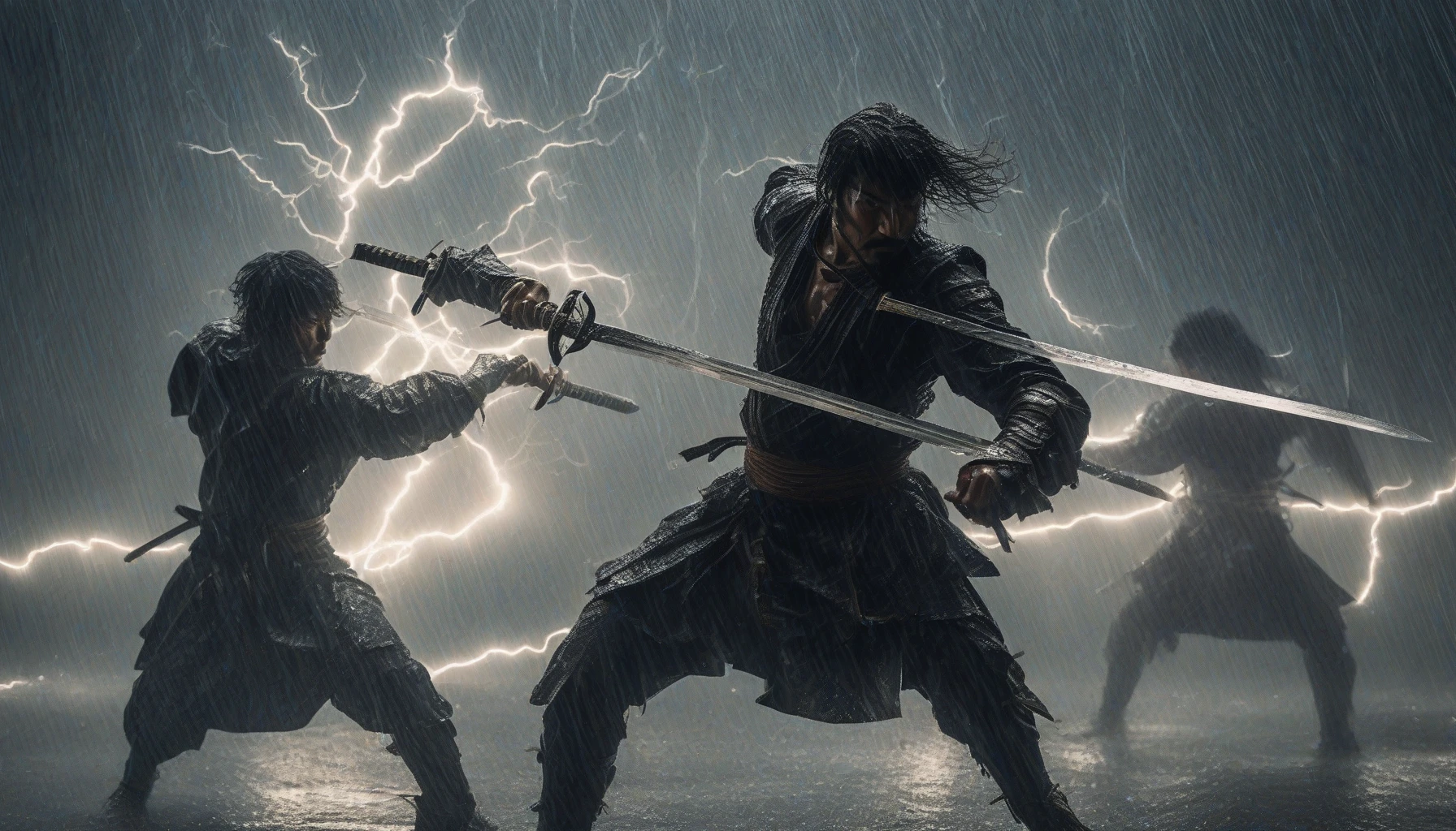 In a dramatic downpour, two fierce swordsmen face off, their swords clashing with sparks flying amidst the relentless rain. The surrounding landscape is dark and tempestuous, accentuating the intensity of their battle. Water cascades off their armor, reflecting flashes of lightning that illuminate their determined expressions. Each swing of the blade sends droplets flying, creating a mesmerizing dance of water and steel in this visceral showdown.