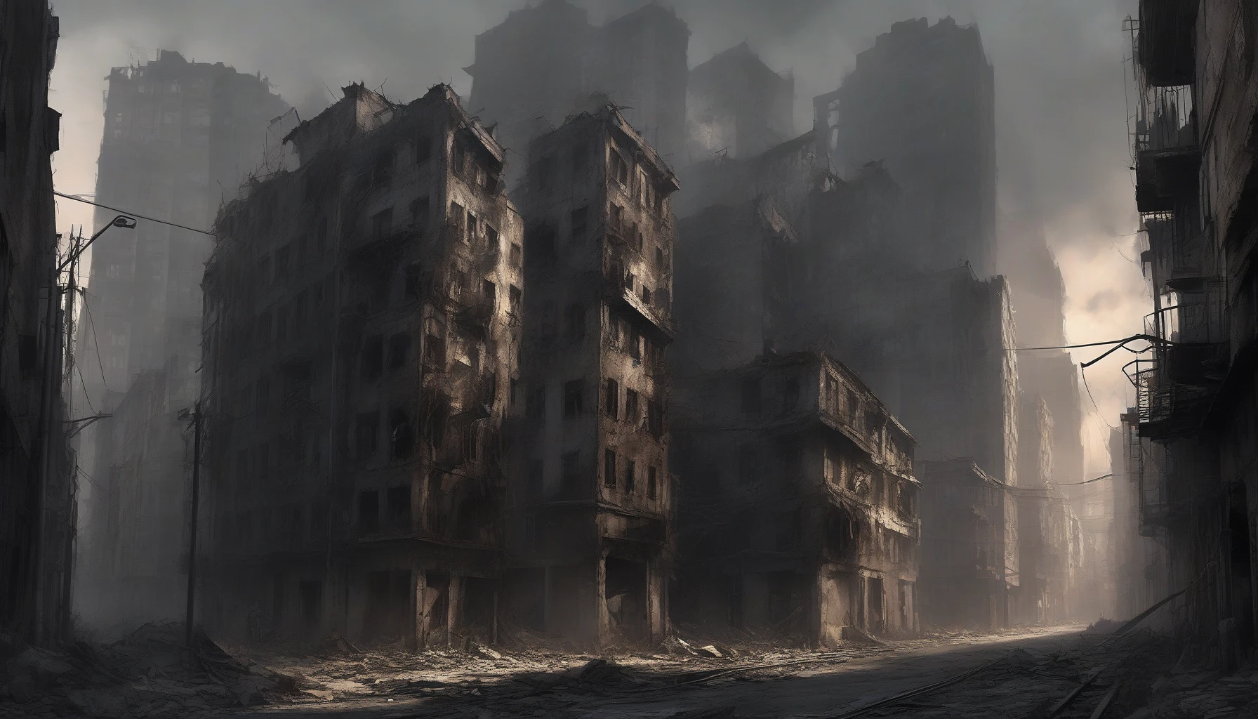 Imagine a sprawling urban landscape, where twisted steel and crumbling concrete tell the tale of a once-vibrant metropolis. Shadows linger in the alleyways, where remnants of charred buildings stand like ghostly sentinels. Ashen skies loom overhead, casting a somber pallor over the destruction. Flickering embers dance in the air, hinting at the chaos that once filled the streets with life, now eerily silent and hauntingly beautiful.