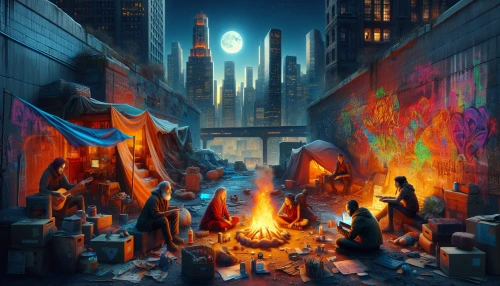 Amidst crumbling skyscrapers and shadowy alleyways, a flickering campfire casts an orange glow, illuminating a makeshift survivor's camp. Tattered tarps and scavenged supplies form a refuge against the encroaching darkness. Graffiti on the walls tells stories of resilience and resistance. Overhead, the moon peeks through the broken skyline, reflecting the hopeful spirit of those who gather around the warmth, sharing tales and dreams of a brighter tomorrow.