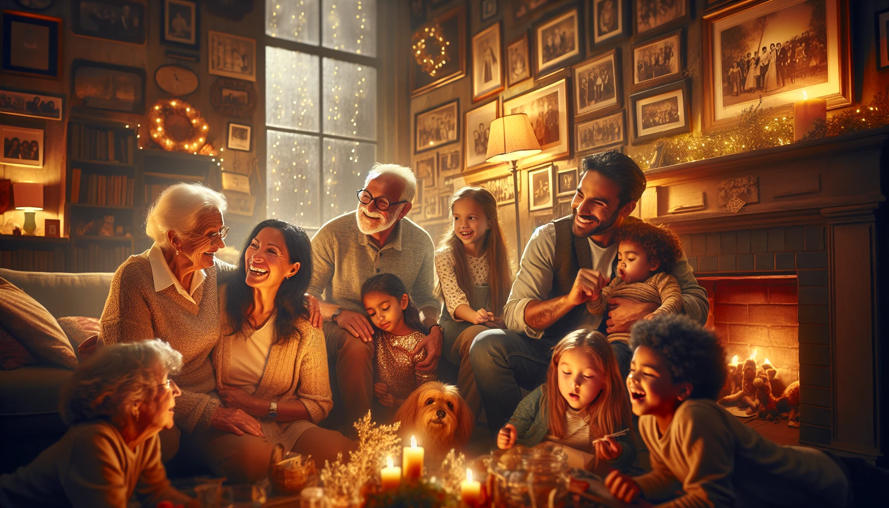 Capture a warm, intimate scene of a diverse family gathered in a cozy living room, surrounded by soft lighting and cherished memories displayed on the walls. They are sharing laughter and stories, with children playing nearby and a pet nestled in a corner. The atmosphere is filled with love, joy, and connection, highlighting the essence of family togetherness and the beauty of shared moments.