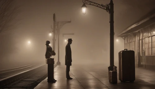 Capture a poignant scene at a dimly lit train station during twilight, where a lone figure stands on the platform, suitcase in hand. The soft glow of vintage lamps illuminates their solemn face, reflecting a blend of nostalgia and sadness. In the background, a distant train approaches, its headlights piercing the mist, while scattered leaves swirl around, echoing the fleeting nature of goodbyes.