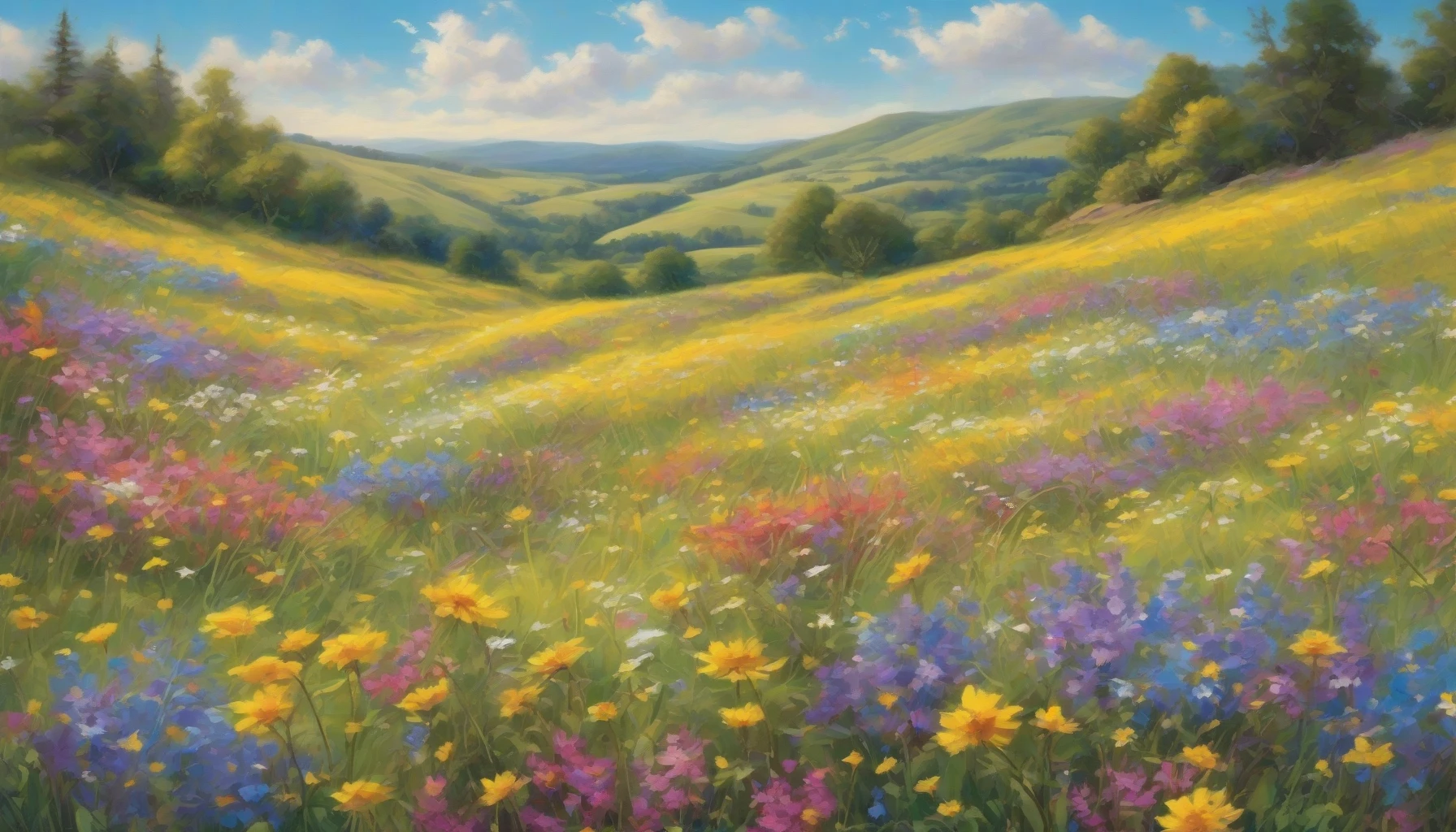 Capture a vibrant wildflower meadow bursting with color, under a serene blue sky dotted with fluffy white clouds. The scene should be alive with delicate blossoms swaying gently in a soft breeze, their hues ranging from vivid yellows to deep purples. In the distance, rolling hills add depth, while sunlight bathes the landscape, creating an enchanting atmosphere that invites viewers to step into nature's embrace.