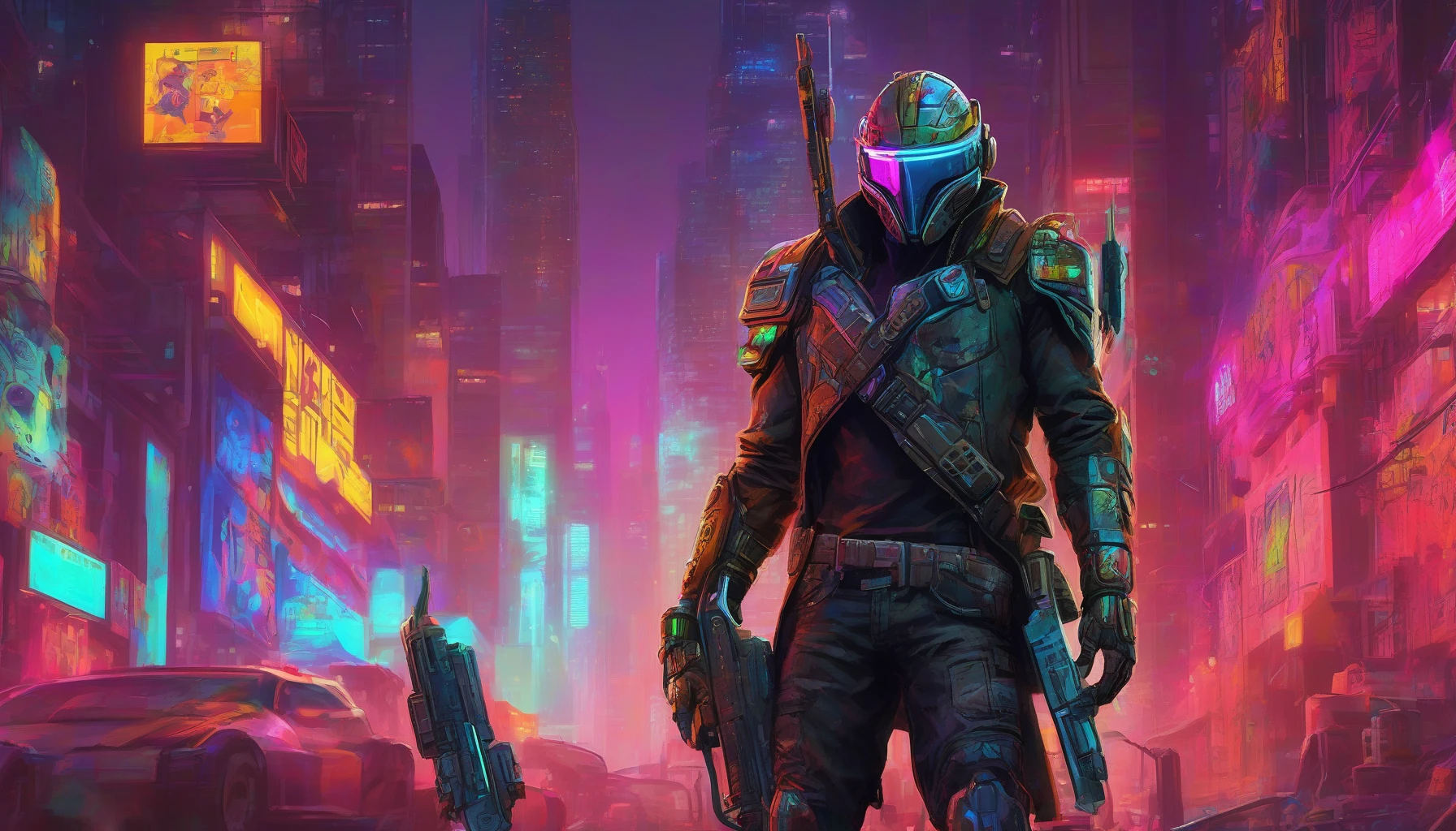 In a neon-lit, dystopian cityscape, a rugged bounty hunter stands poised with a sleek plasma rifle, its energy pulsating with a menacing glow. Clad in a high-tech armor that reflects the vibrant lights of the urban jungle, his intense gaze scans the surroundings, ready for action. In the background, towering skyscrapers and graffiti create an atmosphere of tension and excitement, hinting at the chaos that lies ahead.