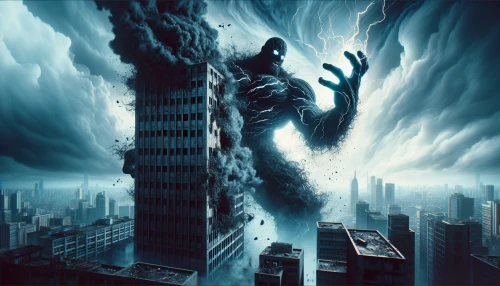 Envision a towering villain, cloaked in dark, swirling shadows, standing atop a crumbling skyscraper. With an outstretched hand, he unleashes a colossal shockwave, sending debris flying and shattering nearby windows. The air crackles with energy, distorting the surrounding landscape in a breathtaking display of power. Lightning arcs from his fingers, illuminating his sinister grin as chaos unfolds in the city below, creating a captivating scene of destruction and fear.