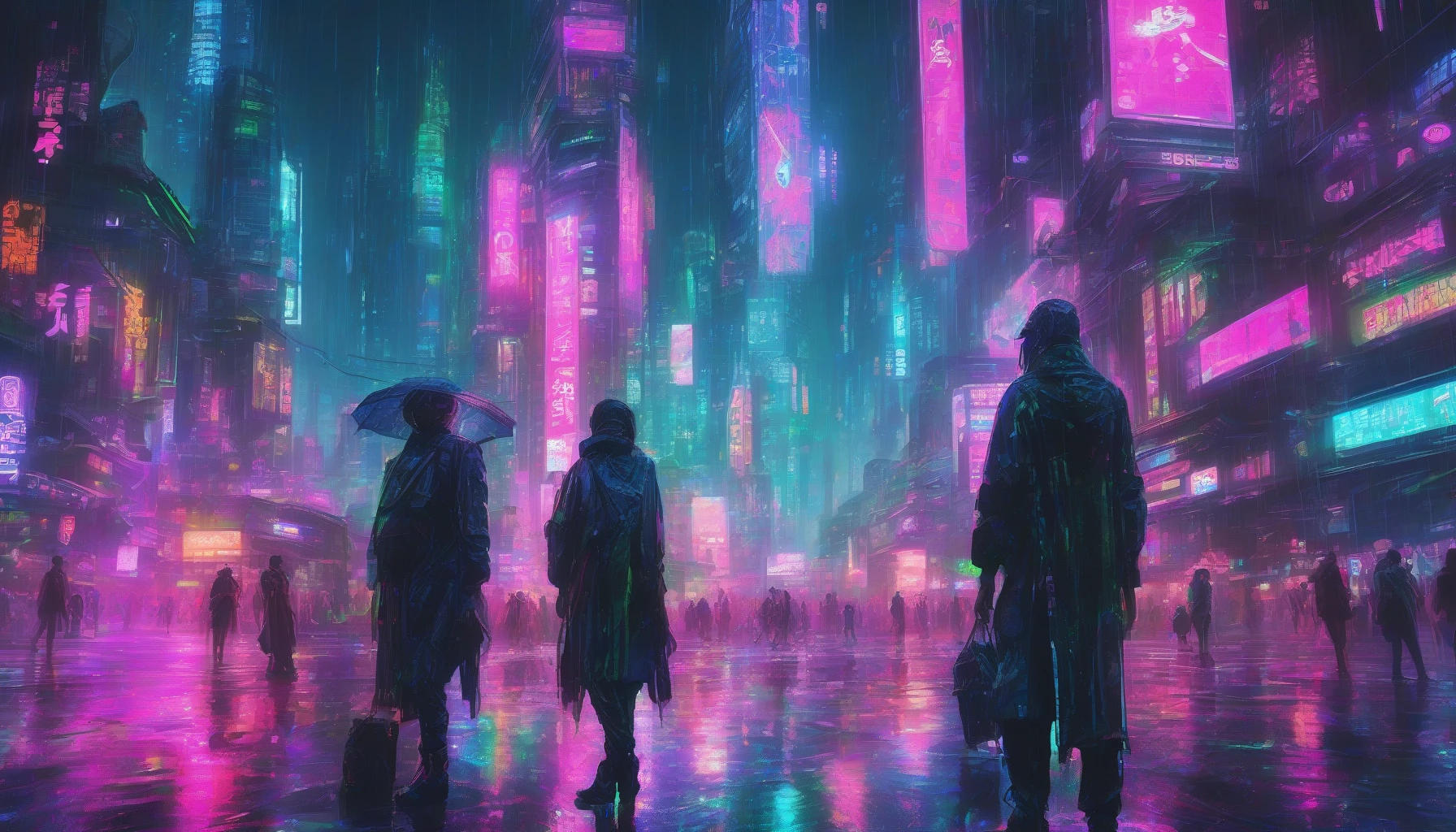 Immerse yourself in a sprawling cyberpunk metropolis, where towering skyscrapers bathe in vibrant neon hues of blue, pink, and green. Streets pulsate with life, illuminated by holographic signs and bustling crowds. Rain-soaked pavements reflect the dazzling lights, while drones zip overhead. In the foreground, a mysterious figure clad in futuristic attire gazes out, embodying the thrill and intrigue of this electrifying world.