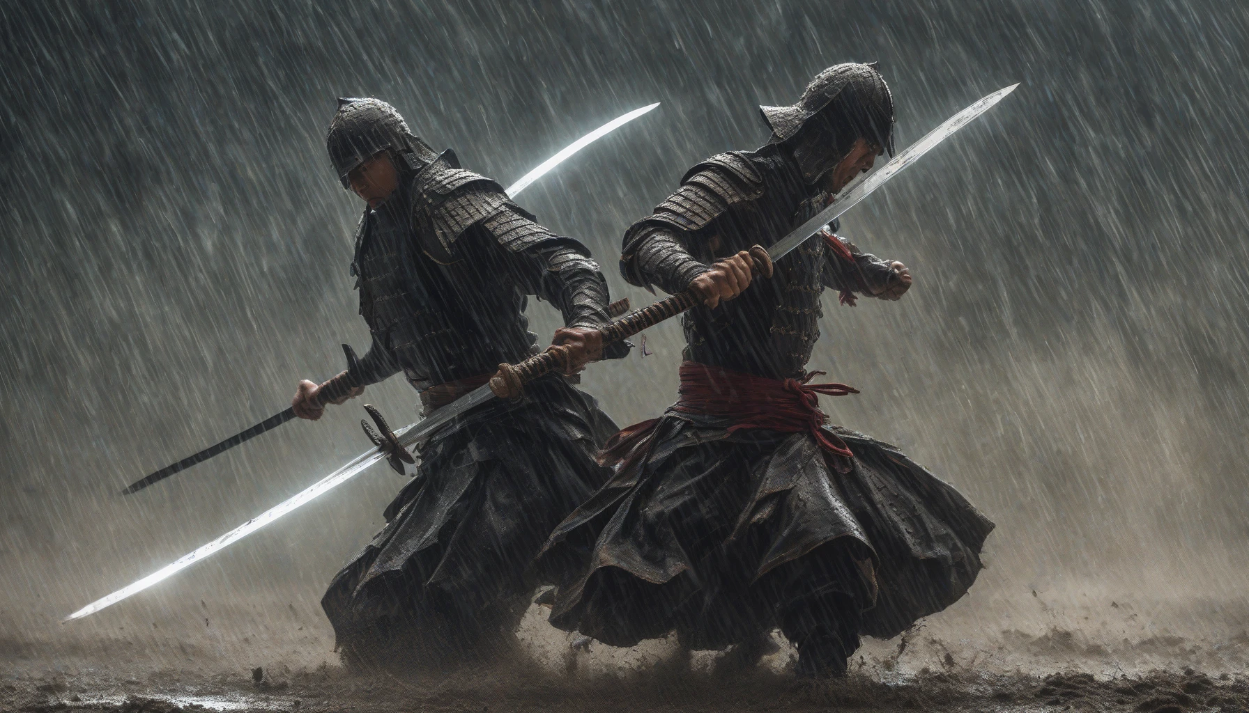 Amidst a torrential downpour, two skilled swordsmen clash in a battle of honor, their blades gleaming with every strike. Lightning illuminates their fierce expressions, while raindrops cascade off their armor, intensifying the dramatic atmosphere. The ground beneath them turns to mud, splattering with each powerful movement. As thunder rumbles, the air is thick with tension and the determination of warriors locked in a timeless struggle.