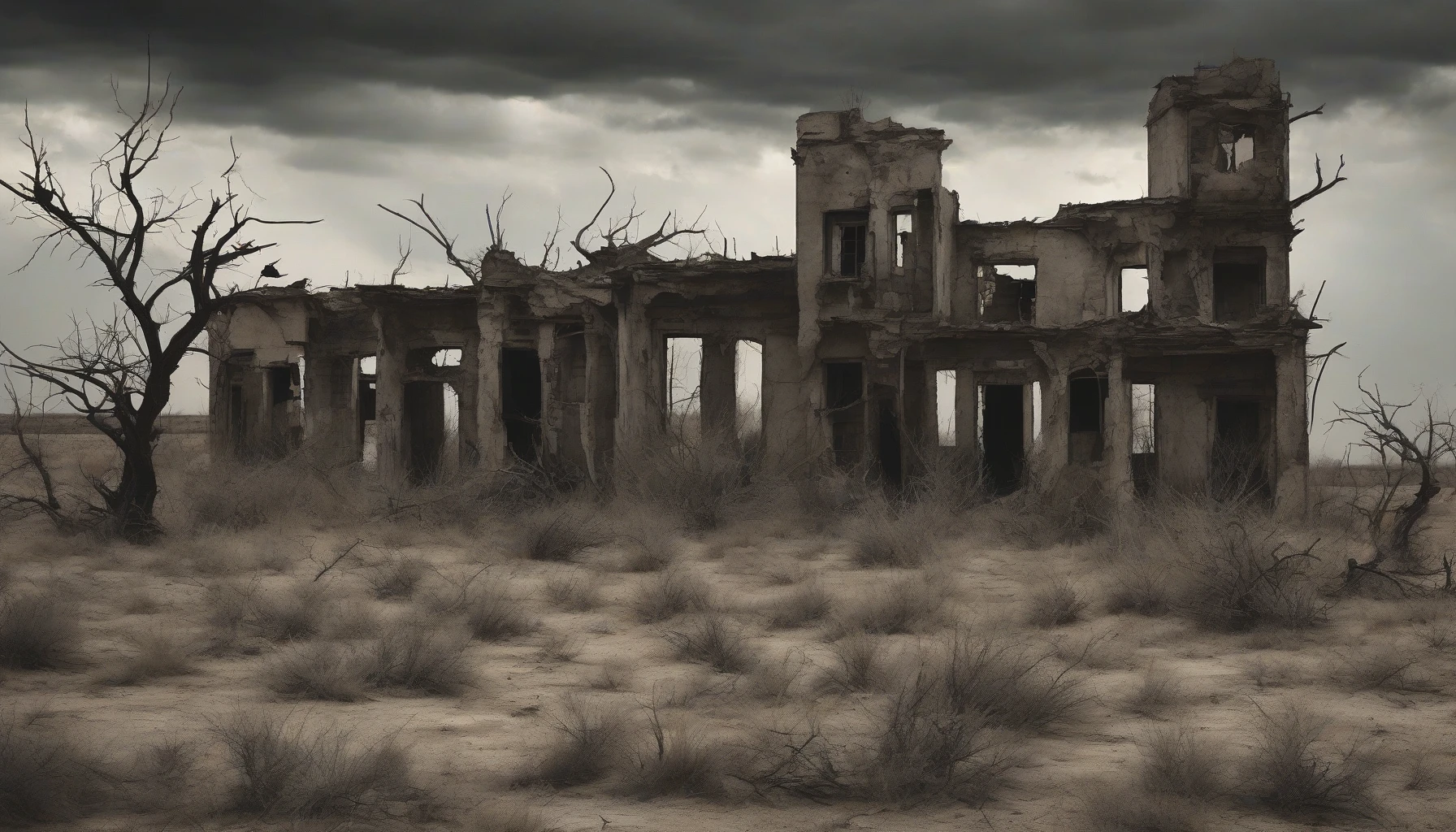 Visualize a hauntingly beautiful landscape where the remnants of once-vibrant buildings stand like skeletal guardians against an arid backdrop. Crumbling walls and twisted metal rise from the cracked earth, overrun by sparse vegetation. The sky is a stormy gray, casting dramatic shadows that evoke a sense of nostalgia and loss. This eerie scene captures the stark contrast of nature reclaiming its space amid urban decay, telling a story of time and transformation.