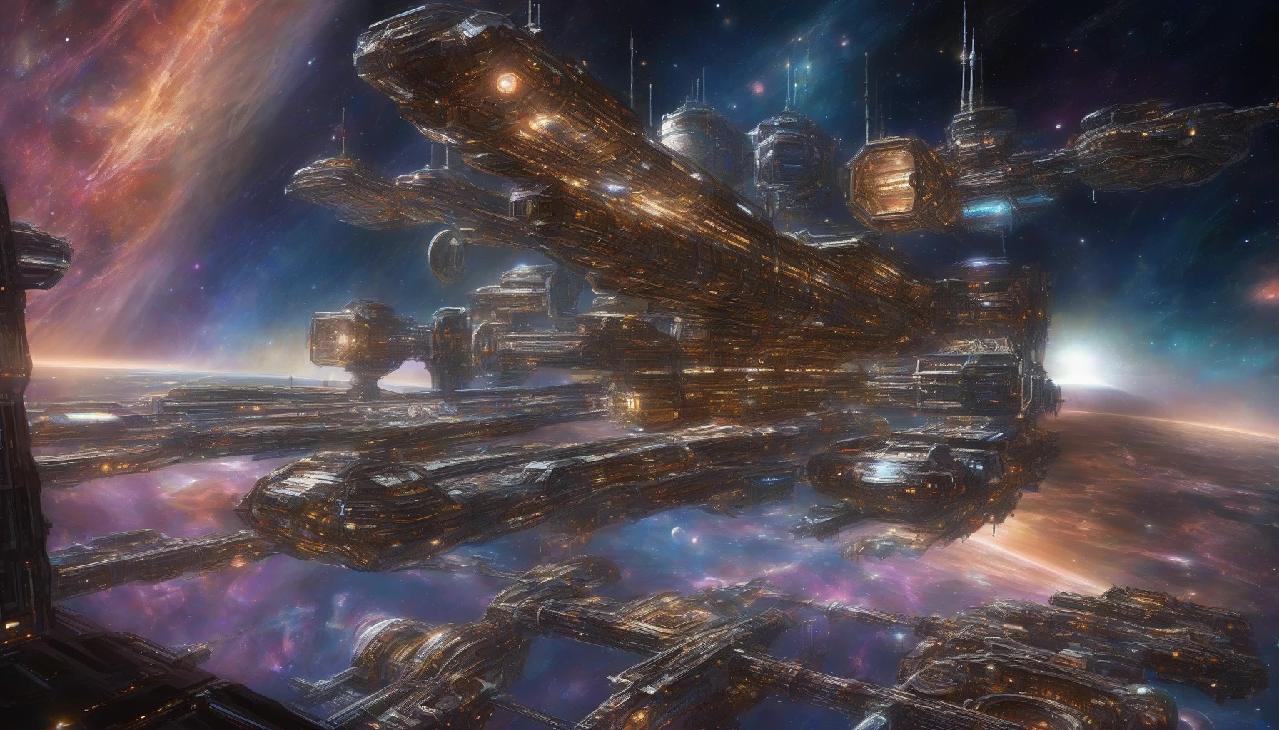 Imagine a colossal space station aglow with vibrant lights, its sleek, metallic structure sprawling against the vastness of space. In the foreground, a futuristic spaceship gently docks, its engines humming softly as it aligns with the station's immense docking bay. Surrounding it, a tapestry of distant stars and swirling nebulae creates a breathtaking backdrop, emphasizing the grandeur of interstellar travel and the promise of adventure beyond the stars.