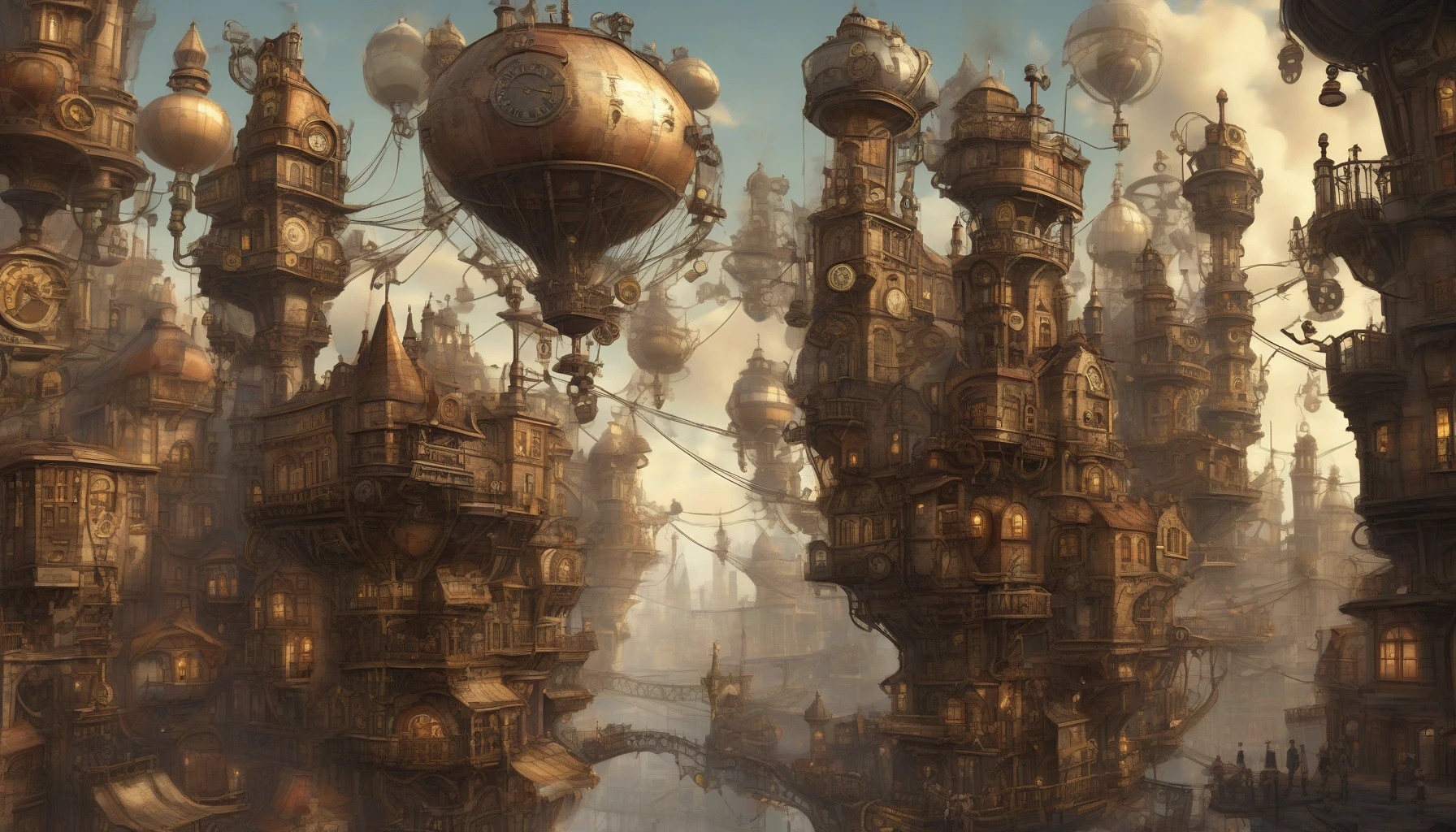 Envision a sprawling steampunk city where majestic clockwork towers rise against a dusky sky, their brass gears and cogs glinting in the fading light. Intricate airships float leisurely between the towers, while cobblestone streets bustle with elegantly dressed citizens and whimsical automata. Steam billows from ornate pipes, filling the air with a sense of adventure and innovation, as the clockwork heart of the city ticks on, alive with possibility.