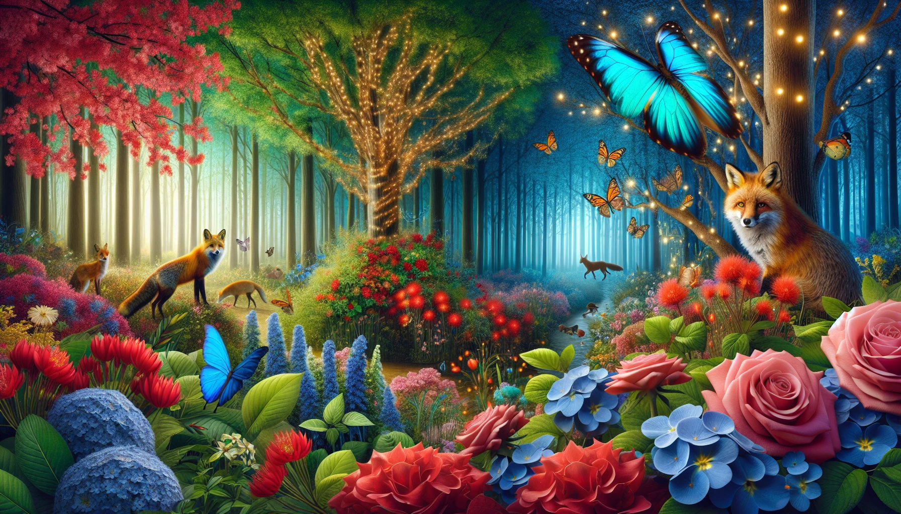 Imagine a vibrant forest scene where lush, colorful flowers intertwine with a variety of wildlife. A vivid blue butterfly flutters delicately above a cluster of crimson blossoms, while a curious fox peeks from behind a blooming bush. In the background, tall trees stretch towards the sky, their branches adorned with twinkling fairy lights. This enchanting tableau captures the essence of life's interconnected beauty, merging flora with fauna in perfect harmony.