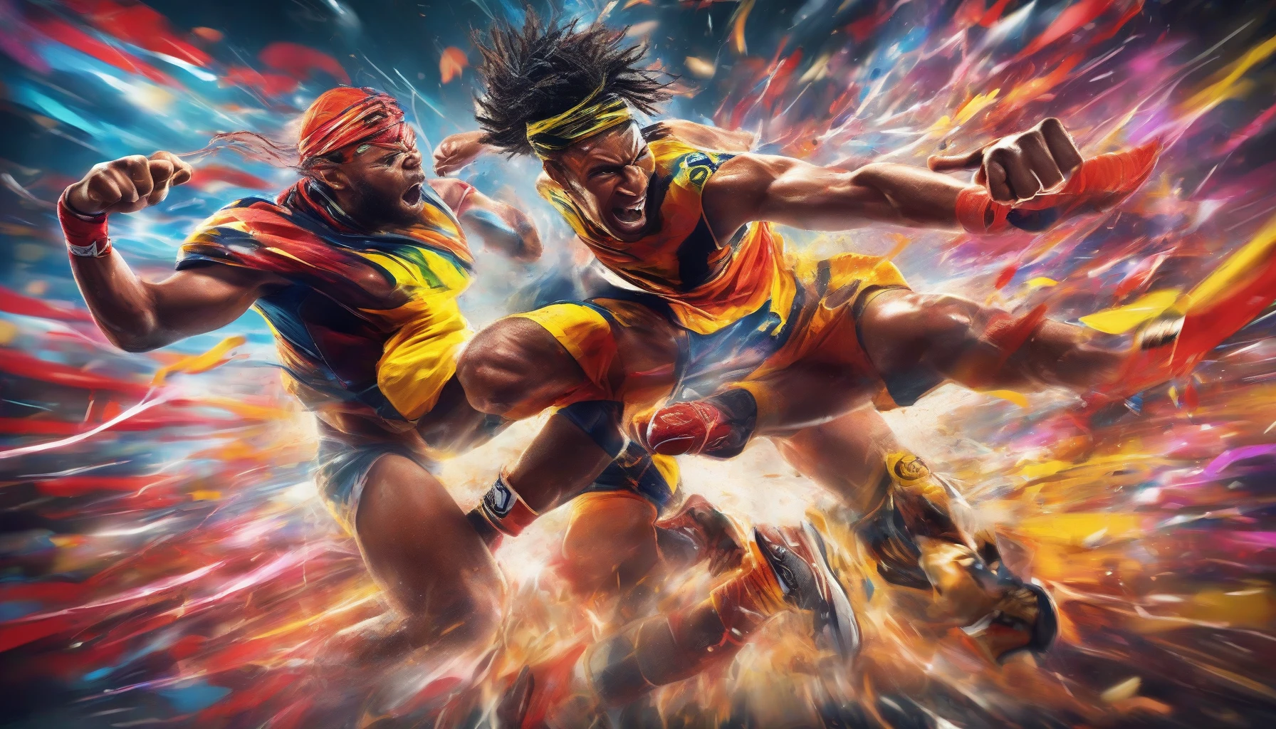 Capture a dynamic scene where two fierce rivals face off in an electrifying sports event. The setting is a crowded stadium, filled with excited fans waving banners and chanting. Highlight the intense expressions on the competitors' faces, showcasing their determination and passion. Vibrant colors and motion lines emphasize the energy of the moment, as they prepare to unleash their ultimate moves in a thrilling climax.