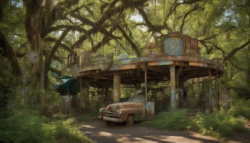 In a once-vibrant theme park, rusting rides and faded signs stand as silent witnesses to time's passage. Nature has reclaimed its territory, with lush green vines and colorful wildflowers weaving through cracked pavement and towering, rusting attractions. Sunlight filters through a canopy of overgrown trees, casting dappled shadows on the ground, while the air is thick with the sweet scent of blooming foliage, creating a hauntingly beautiful ambiance.