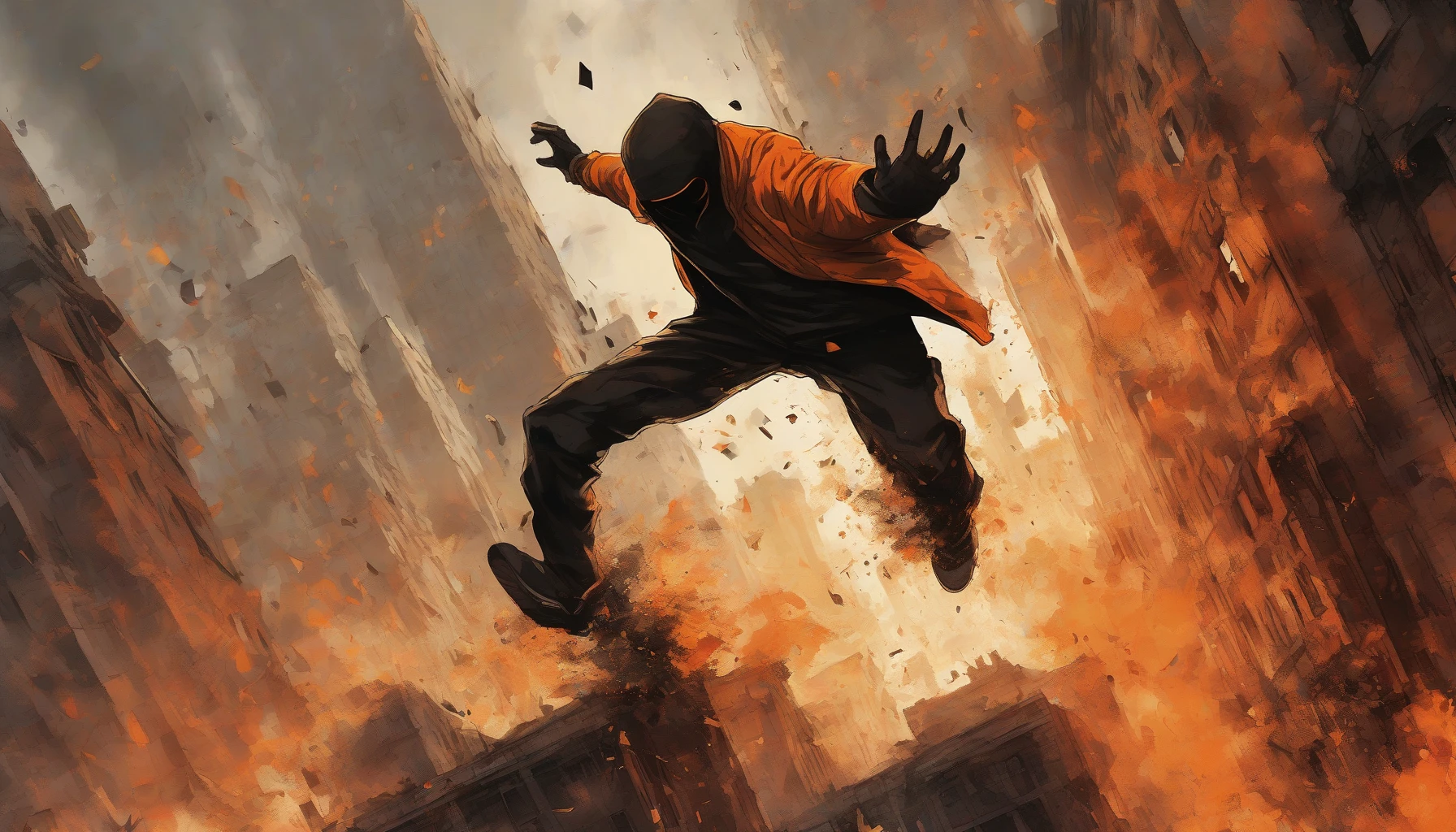 In a dramatic urban scene, a heroic figure leaps from the crumbling edge of a burning building, silhouetted against a backdrop of fiery orange and thick black smoke. Flames lick at their heels as they soar through the air, determination etched on their face. Crumbling bricks and shards of glass cascade down, capturing the intensity of the moment. The city below is a chaotic blur, emphasizing the sheer audacity of their escape.