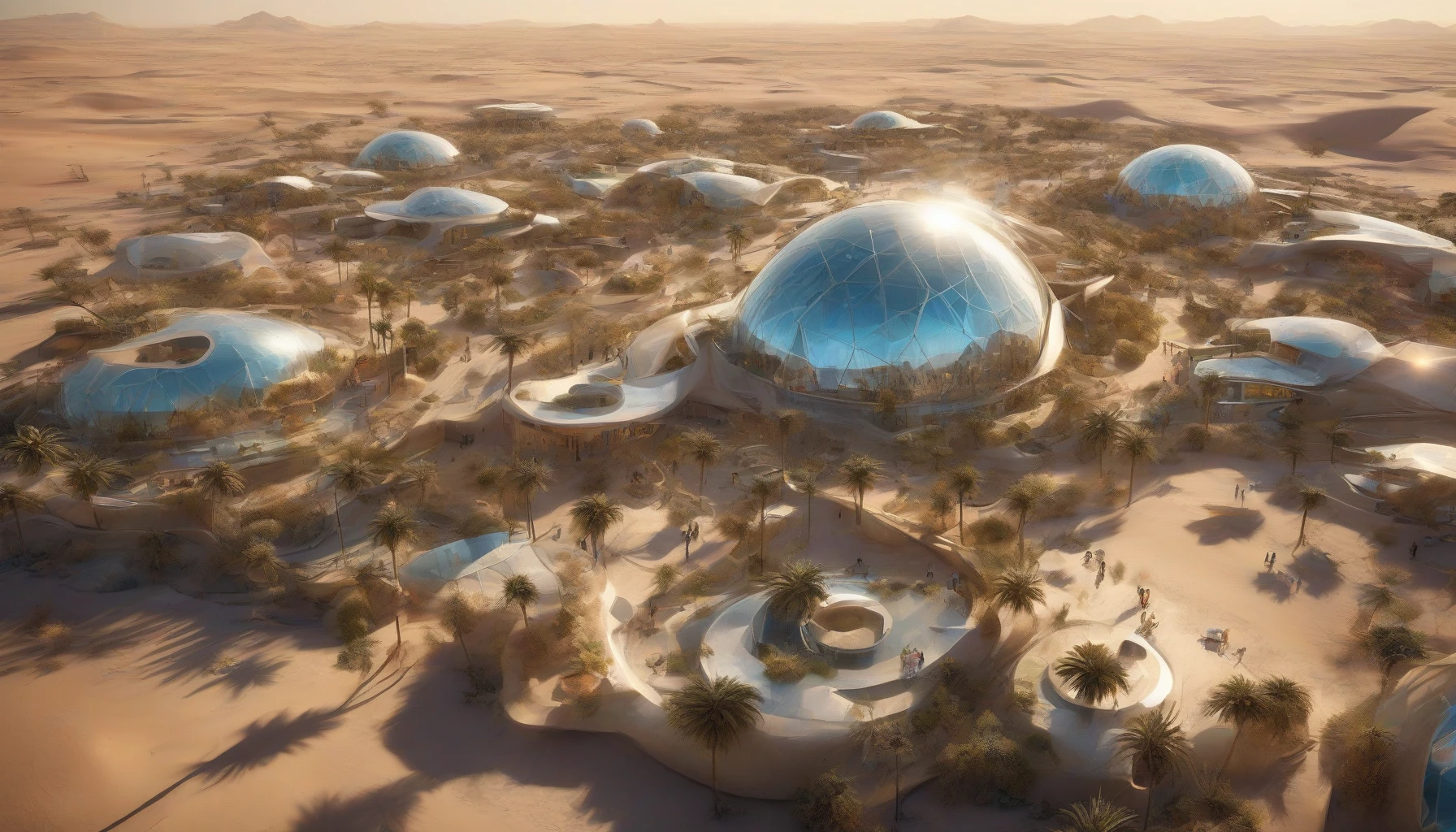 In a sprawling, sun-soaked desert, a vibrant futuristic dome city emerges, its shimmering glass structures reflecting the brilliant hues of an endless sunset. Surrounded by swirling dunes and sparse vegetation, the city boasts aerial walkways and floating gardens, all teeming with life. Drones zip through the air, while locals mingle in open markets, creating a lively contrast against the serene backdrop of distant mountains and starry skies.