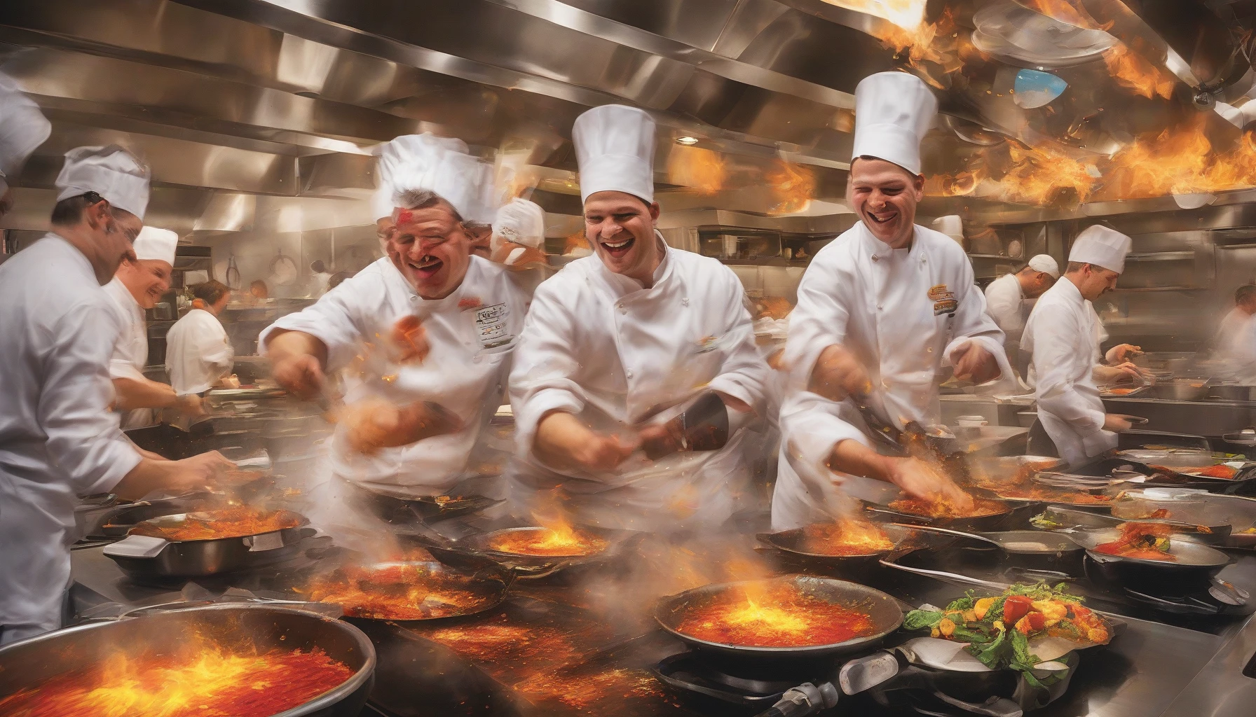 In a vibrant, high-energy kitchen, chefs race against the clock, their faces adorned with determination and sweat. Brightly colored ingredients are flying as they chop, sauté, and plate intricate dishes in a dazzling display of culinary artistry. Flames leap from sizzling pans, and laughter mingles with the clattering of utensils. A clock ticks down, fueling the electric atmosphere of competition and creativity.