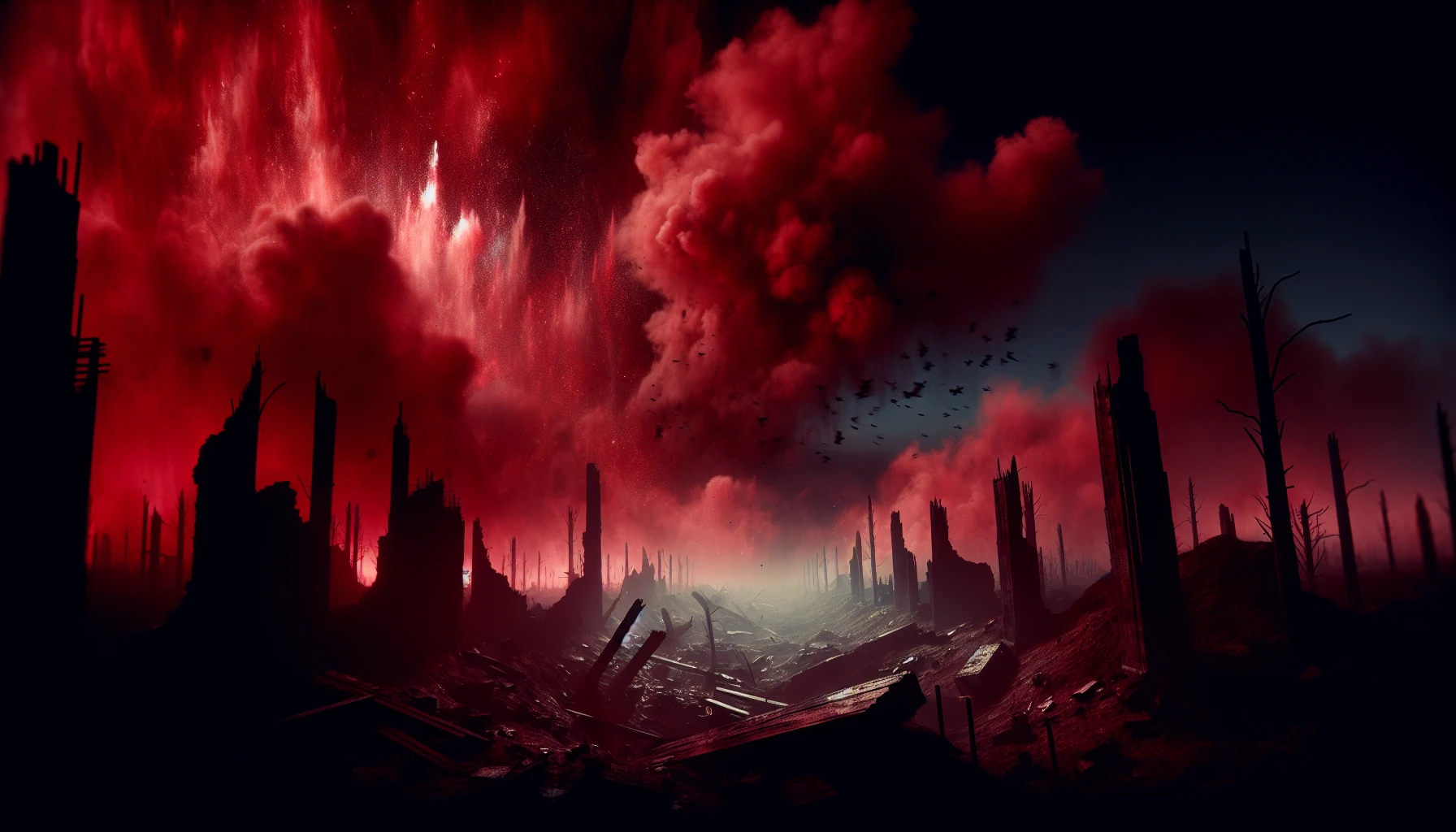 A haunting battlefield unfolds beneath a blood-red sky, where jagged silhouettes of ruined structures punctuate the desolate landscape. Smoke billows and mingles with the deep crimson hue, casting eerie shadows on the ground littered with remnants of conflict. A distant explosion echoes, reverberating through the still air, while the remains of a shattered world tell stories of bravery and despair, evoking a stark, emotional response.